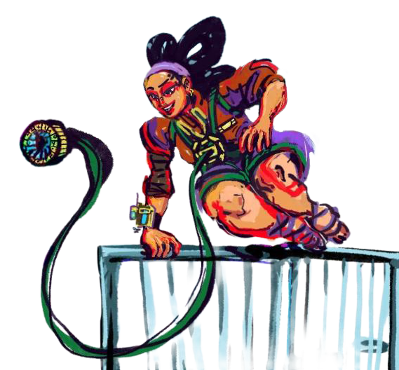 A woman with long black hair, wearing colorful clothes, leans on a railing and makes a peace sign with her hand, while a child with a purple cap and striped shirt is in front of her, smiling. The background is bright with fun, energetic lines and col