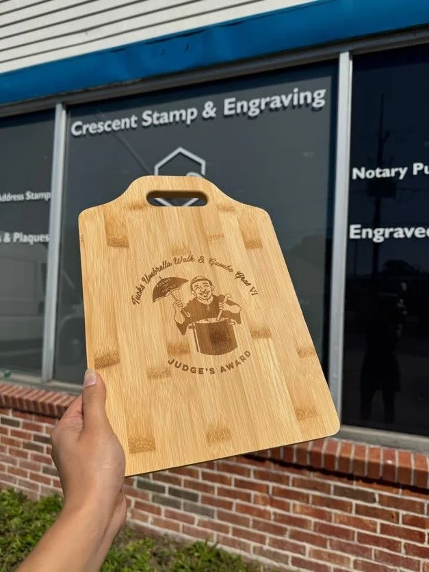 Cutting boards as awards? Yes 🎊 We love a functional award. We recently laser engraved these bamboo cutting boards for Tucks Umbrella Walk &amp; Gumbo Gras.

Whether you're getting a one off thing customized, 36 boards engraved or 1000 glasses etche
