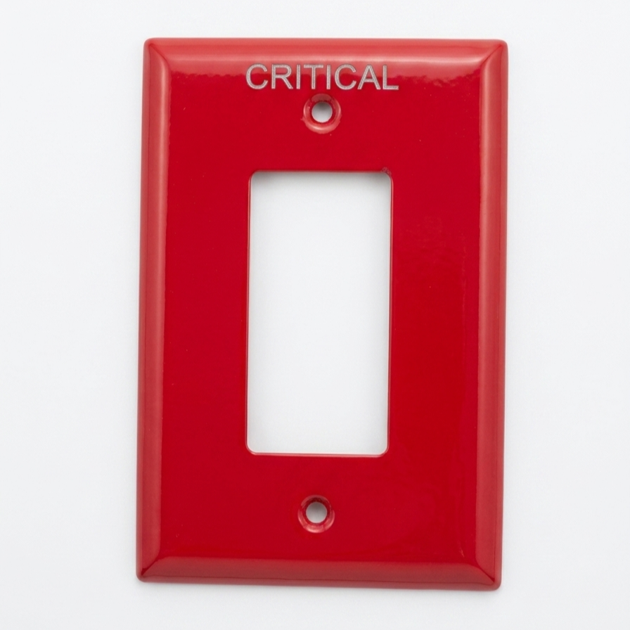 Laser engraved red Decora electrical plate for emergency power or backup circuit identification.