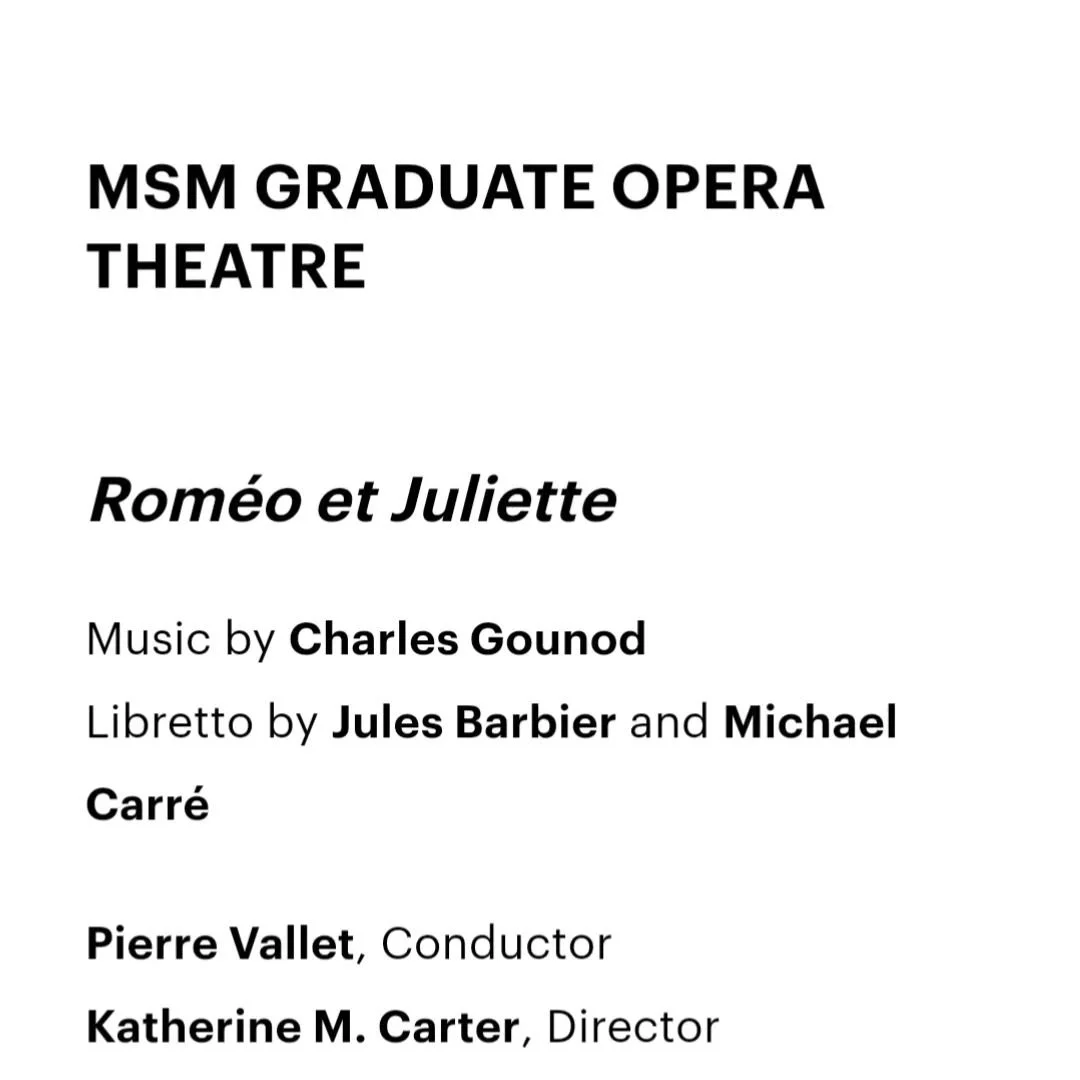 I am so exhilarated and thrilled to announce that I will be performing the role of Fr&egrave;re Laurent in Manhattan School of Music's production of Rom&eacute;o Et Juliette by Charles Gounod. Performances will be taking place in Neidorff-Karpati Hal