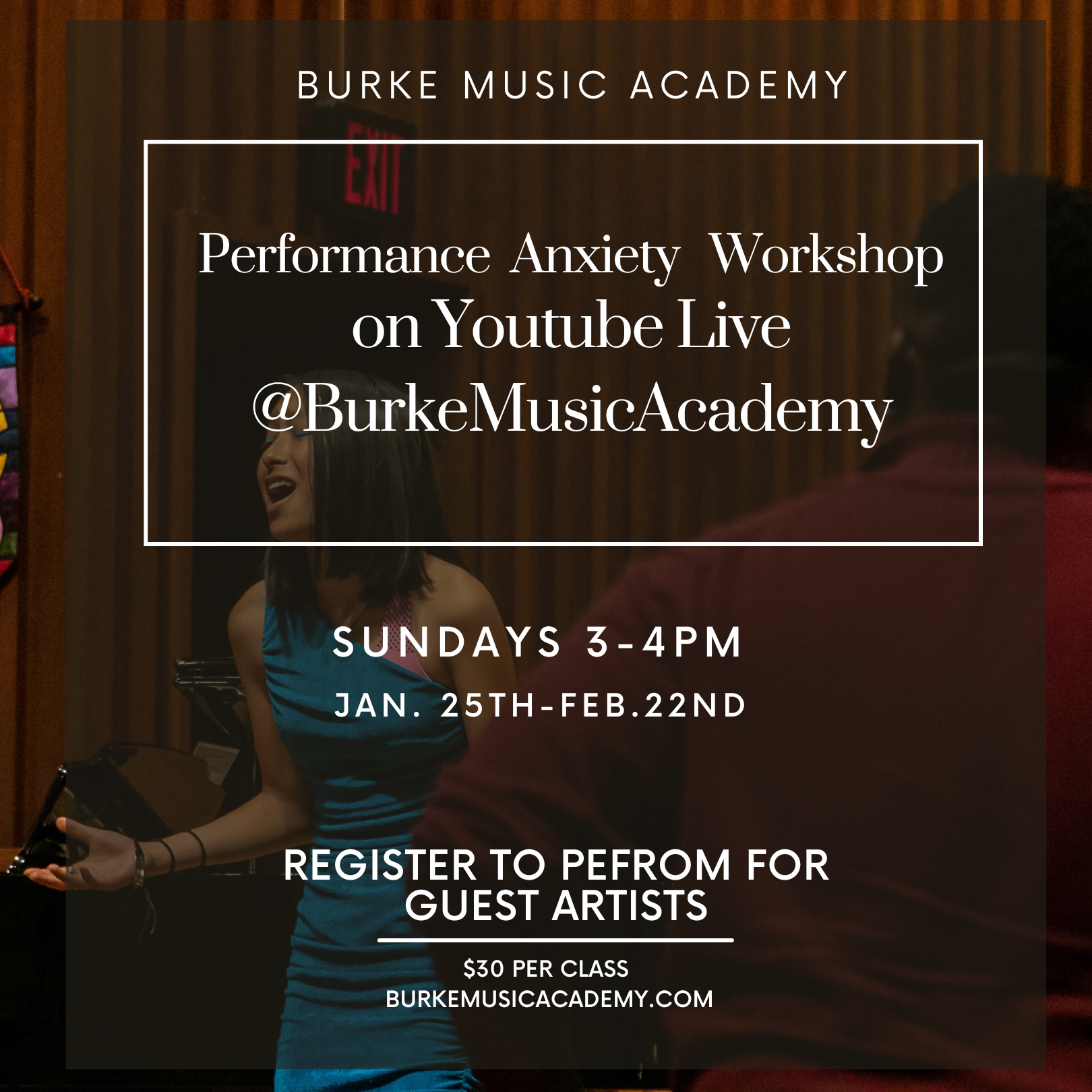 "Performance Anxiety & Alexander Technique Workshop" text overlay on an image of two people in front of a church organ and stained glass.