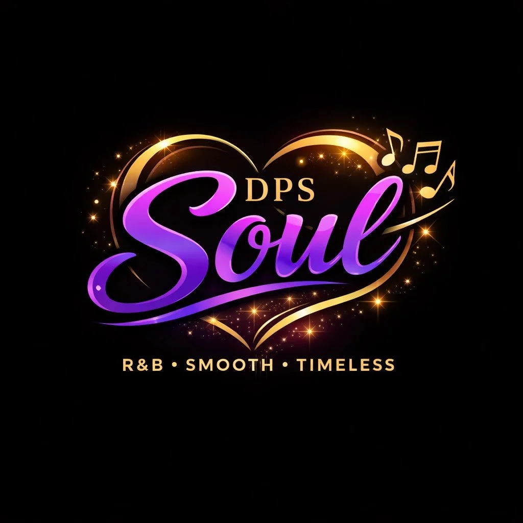 Design with a black background featuring a glowing heart outline, the word "Soul" in purple script, and the words "DPS" above it. Musical notes and stars surround the heart, with the words "R&B," "Smooth," and "Timeless" at the bottom.