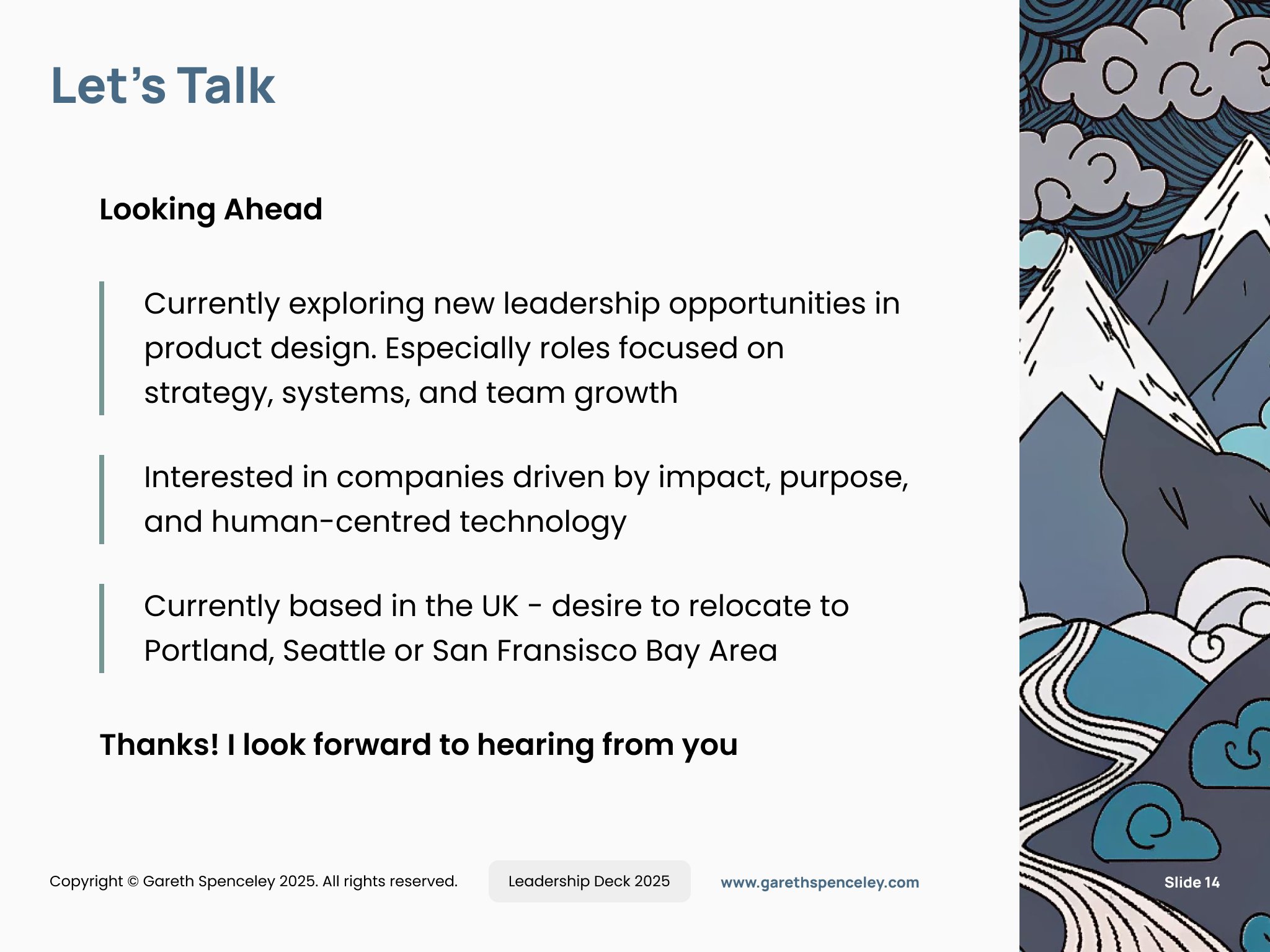 Slide titled "Let's Talk" with text about leadership opportunities in product design, interest in impact-driven companies, and relocation plans. Features a stylized mountain illustration on the right.