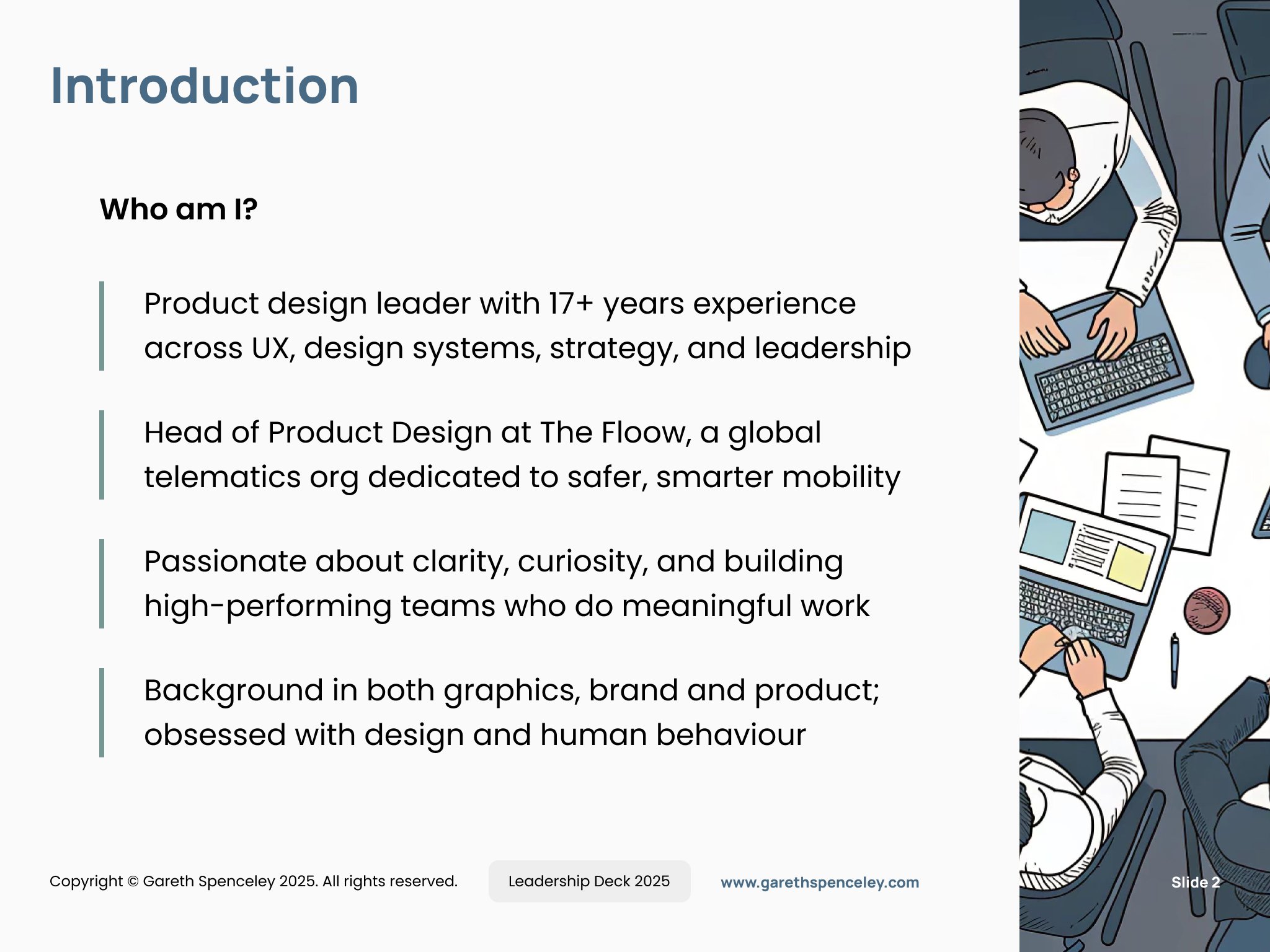 Slide with text about a product design leader's introduction, experience, and passions with an illustration of people working at computers.