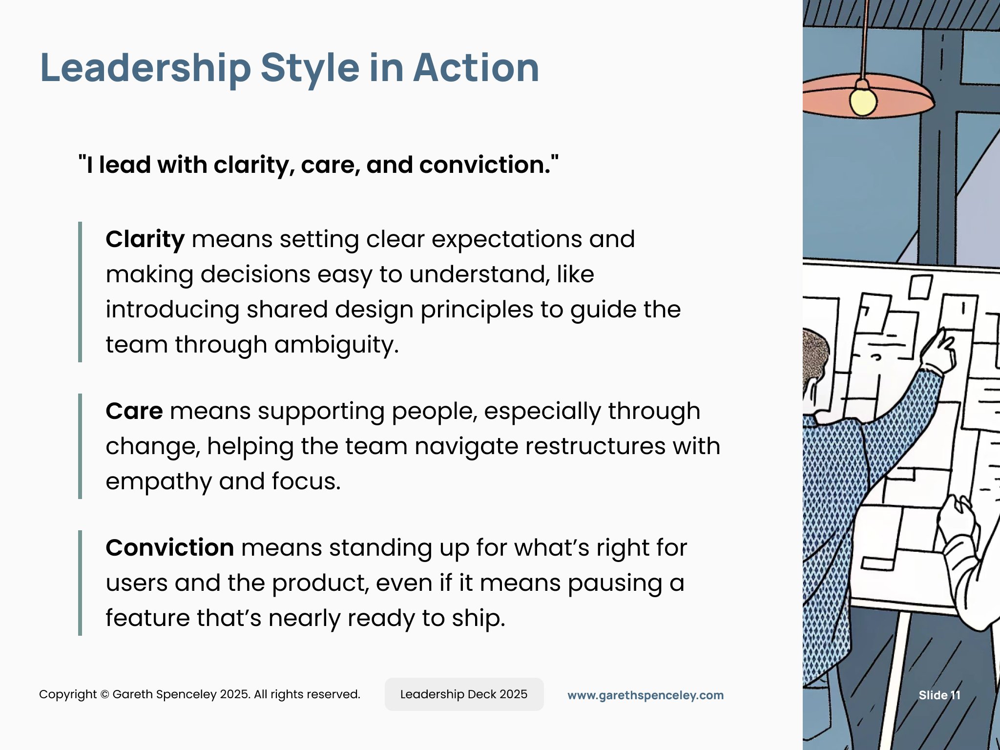 Slide titled 'Leadership Style in Action' explaining leading with clarity, care, and conviction, with definitions and an illustration of a person at a board.