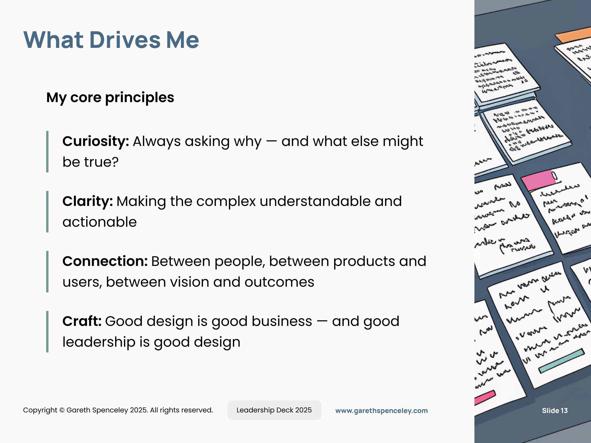 Presentation slide titled "What Drives Me" featuring core principles: Curiosity, Clarity, Connection, Craft. Includes hand-drawn notes.