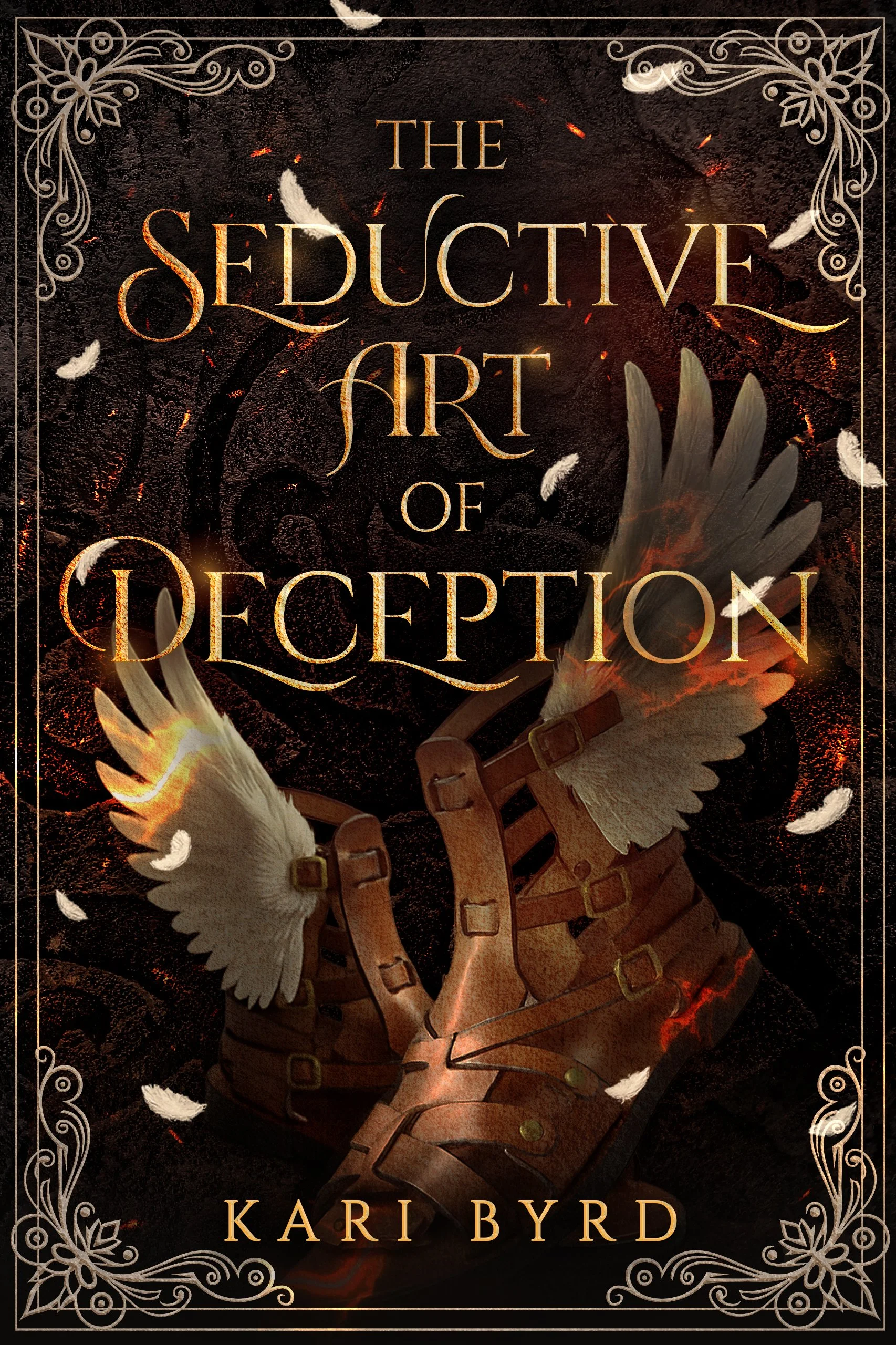 Cover for The Seductive Art of Deception, by Kari Byrd. A pair of winged sandals against a dark background