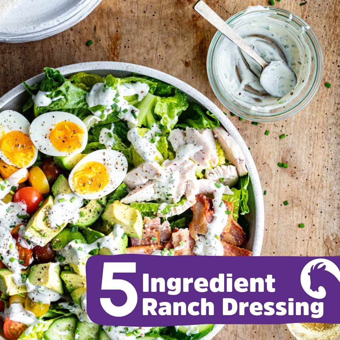Say hello to your new favorite salad companion: 5-ingredient ranch dressing! 🥗🐐 

This creamy and flavorful dressing is made with simple ingredients and packs a punch of tangy goodness. Perfect for drizzling over your favorite greens or using as a 