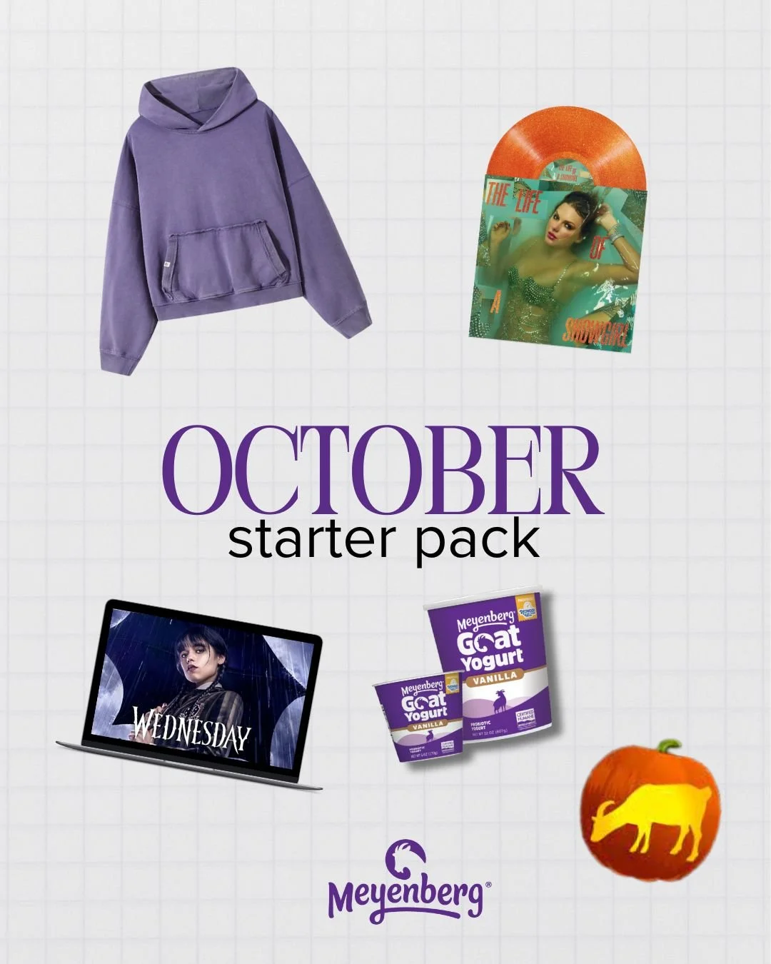 The ultimate October starter pack: 🎃
 🎶 Taylor&rsquo;s new album on loop
 🖤 Wednesday on screen
 🧥 Cozy purple hoodie
 🥄 Goat milk yogurt (the real main character)
Fall isn&rsquo;t complete without a little goat twist. 🐐🍂

#Meyenberg #guthealt