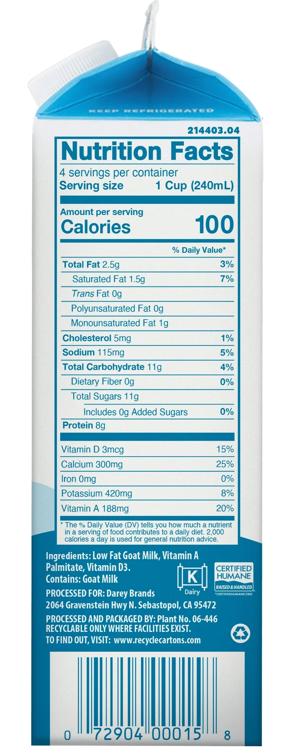 Low Fat Goat Milk, Certified Humane® Meyenberg Goat Milk