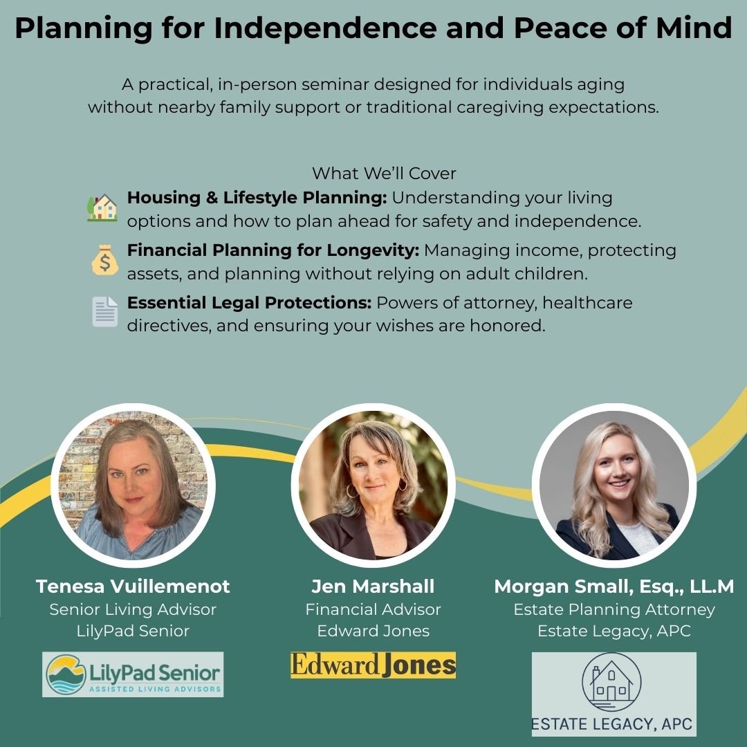 Graphic with pictures of three presenters and topics to be covered: housing, financial planning, legal planning