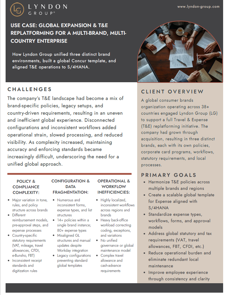 Unified three brands across 38+ countries by building a SAP Concur template aligned to S/4HANA. Harmonized policies, consolidated expense types, standardized workflows, and strengthened VAT/statutory compliance.