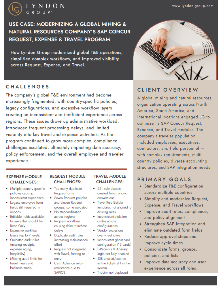 Optimized SAP Concur Request, Expense, and Travel by removing duplicate forms, simplifying layers, strengthening audit rules, addressing unused tickets, and improving integration alignment for faster approvals.