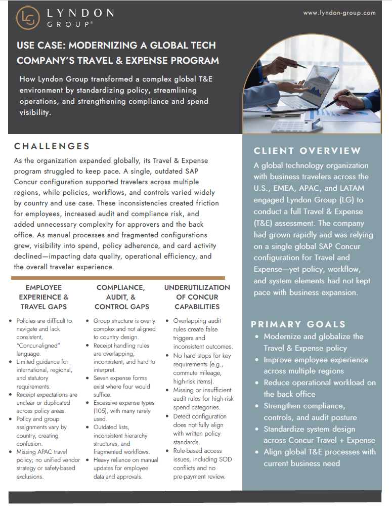 Optimized SAP Concur by rationalizing 100+ expense types/forms, restructuring audit rules, and aligning Travel and Expense to best practices—simplifying workflows, boosting compliance, and spend visibility. globally.