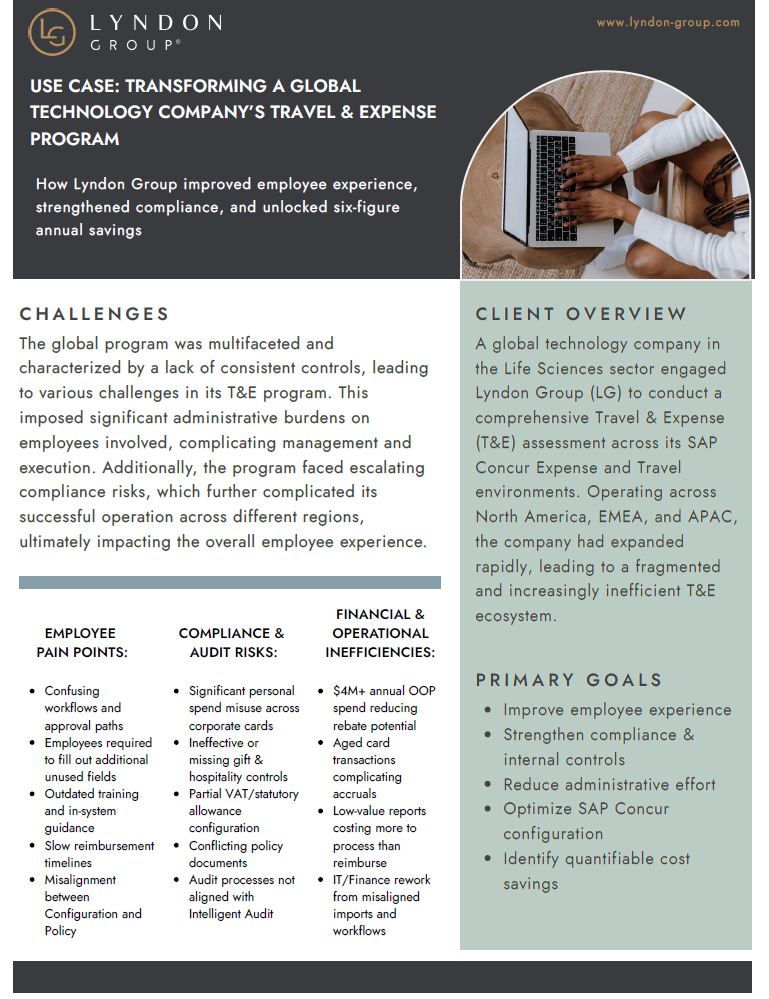 Transformed 50+ country T&E program by consolidating policies into a global framework redesigning audit rules with a risk-tier model, reducing approvals, and improving corporate card aging governance and visibility.
