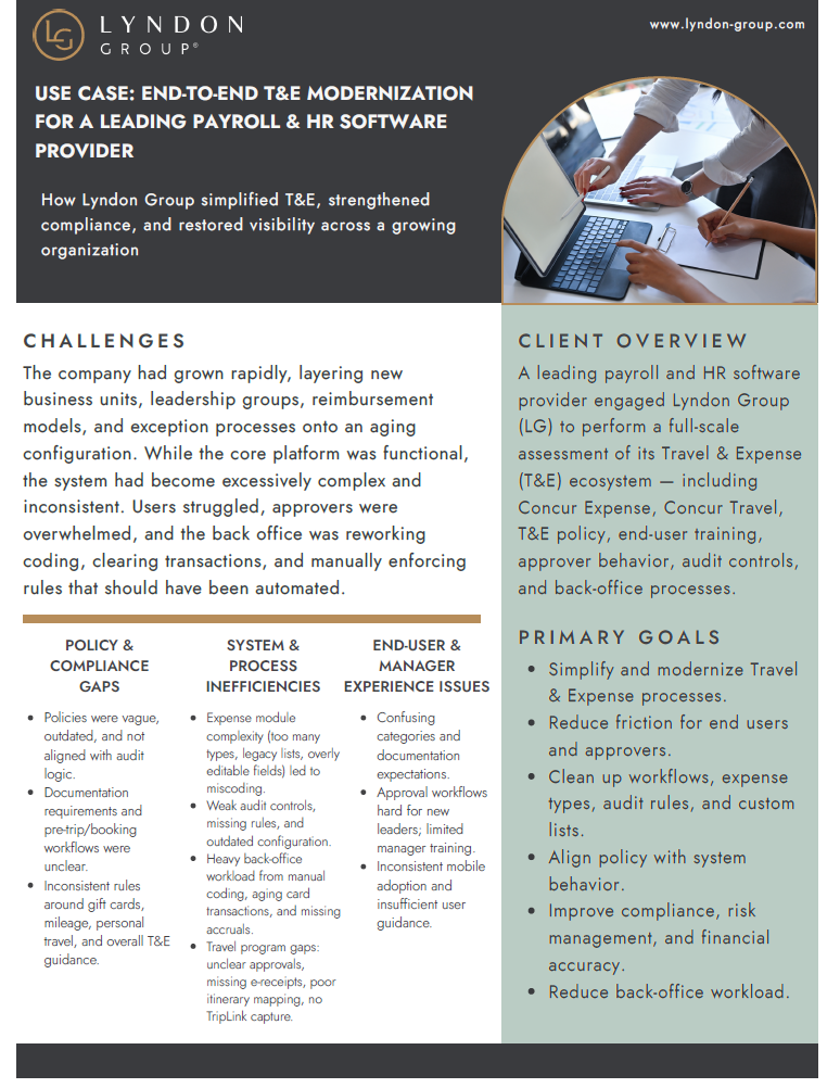 Modernized T&E by rationalizing expense types rebuilding audit rules with severity tiers streamlining workflows, enabling e-receipts and TripLink and aligning policy with system behavior to reduce manual rework.