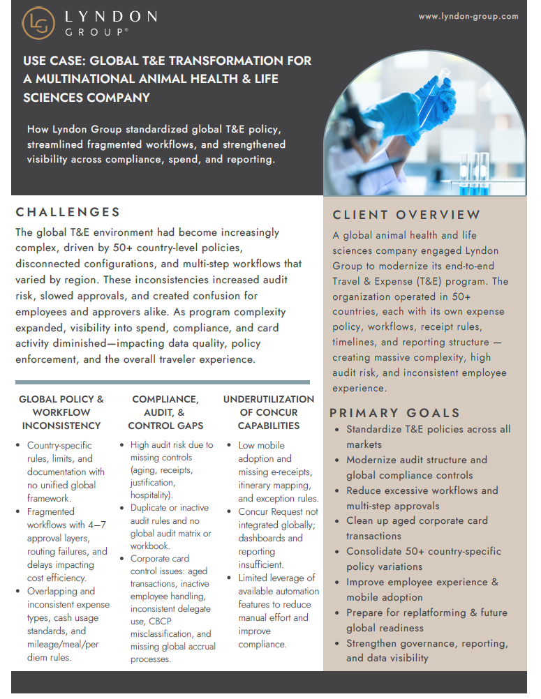 Assessed global SAP Concur T&E to address compliance gaps, card misuse, and workflow inefficiencies. Identified $150K–$350K in savings, rebuilt audit logic, optimized VAT settings, and cut back-office effort 20–30%.