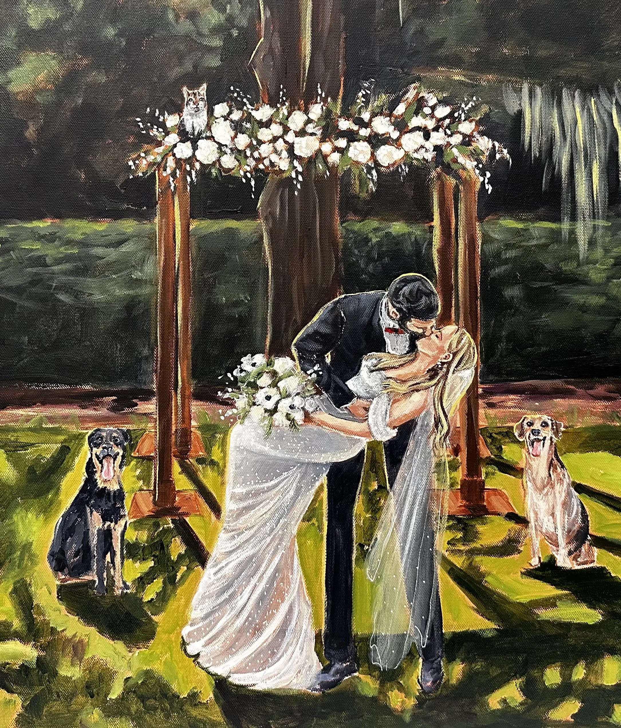 A wedding scene with a couple kissing under an arch decorated with white flowers, two dogs sitting on the grass, and a cat positioned on top of the arch, in a lush outdoor setting at dusk.