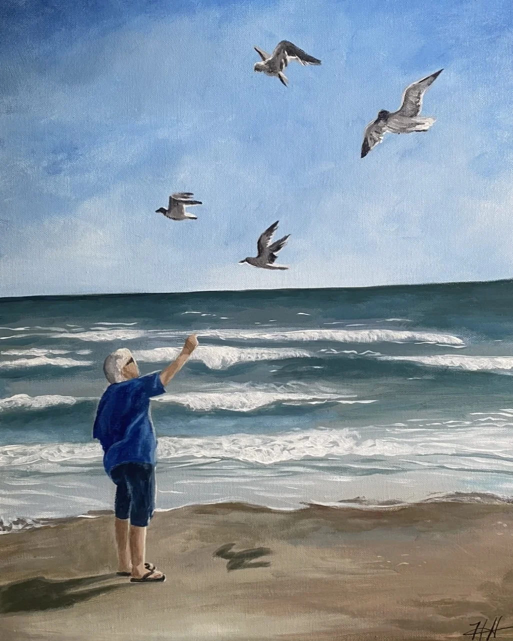 A painting of a young boy with gray hair standing on the beach, reaching out towards flying seagulls against a blue sky and ocean waves.