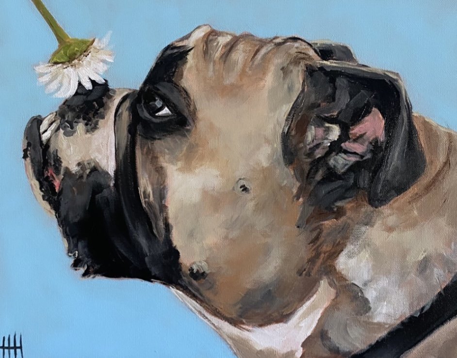 Painting of a dog with a white flower above its nose on a blue background.