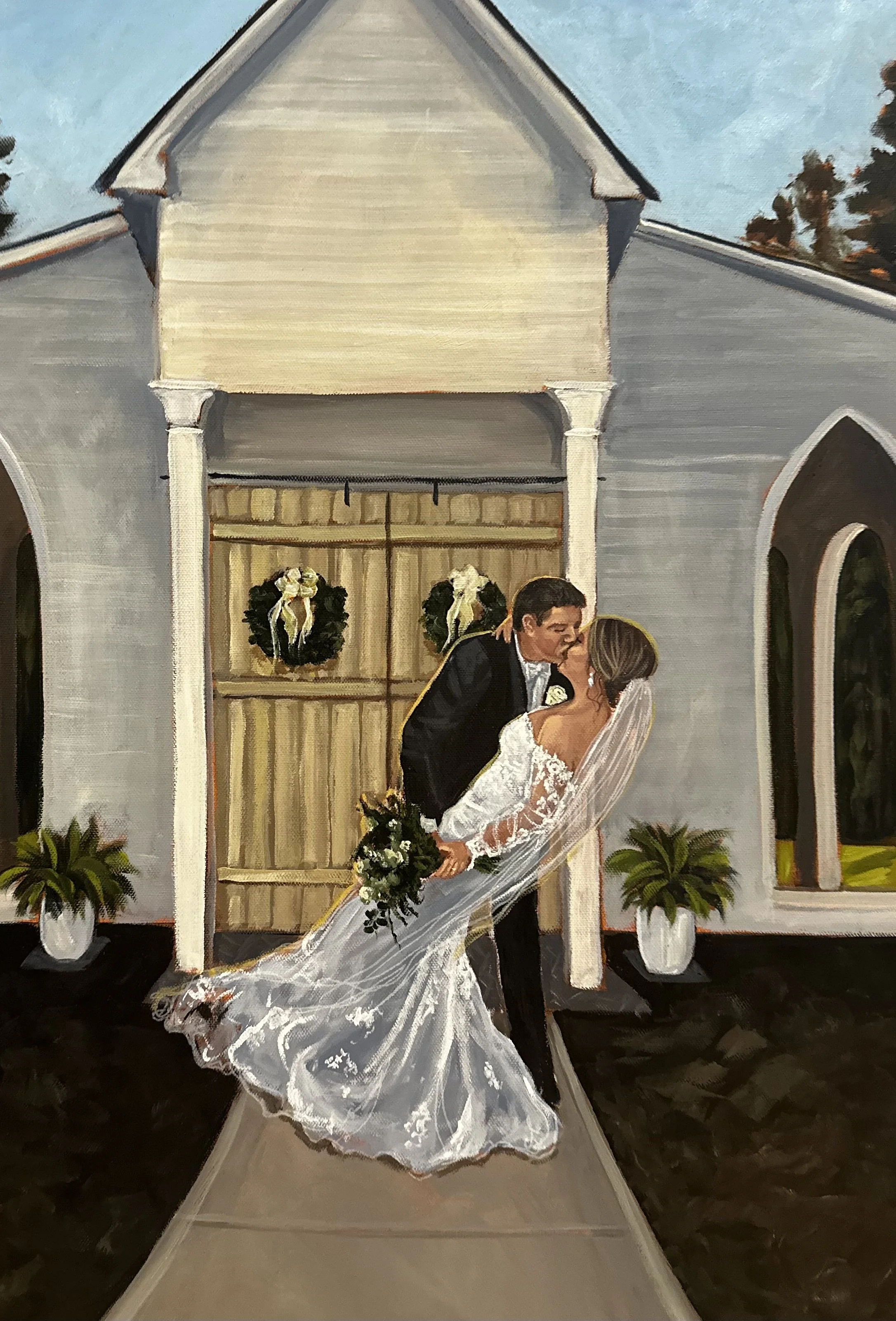 Painting of a newlywed couple sharing a kiss outside a church. The bride is in a white gown with a veil, holding a bouquet, and the groom is in a black tuxedo. The church has a wooden door decorated with two wreaths and potted plants on either side.