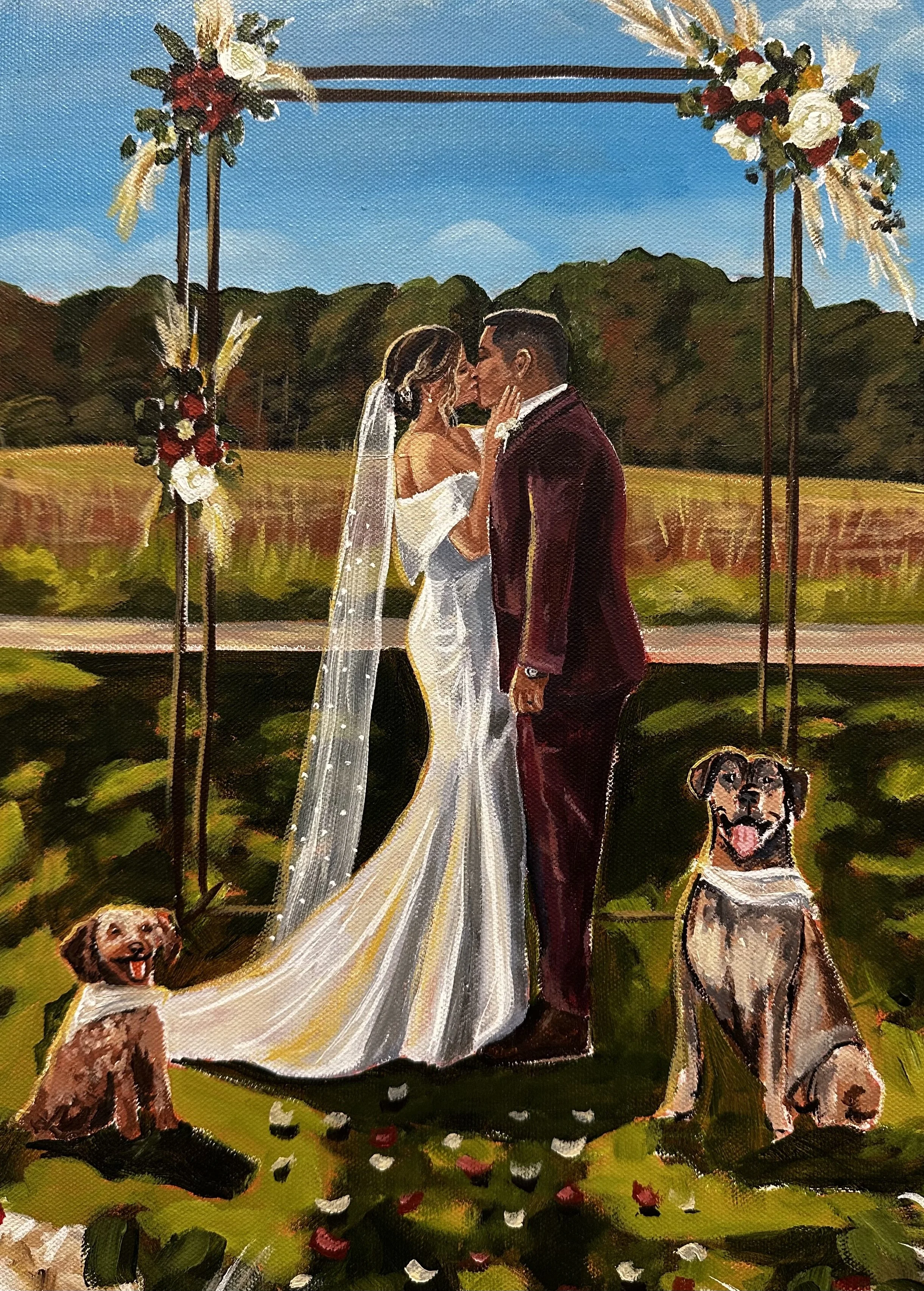 A painting of a wedding ceremony outdoors with a bride and groom kissing under a decorated arch, surrounded by two dogs, against a background of trees and blue sky.