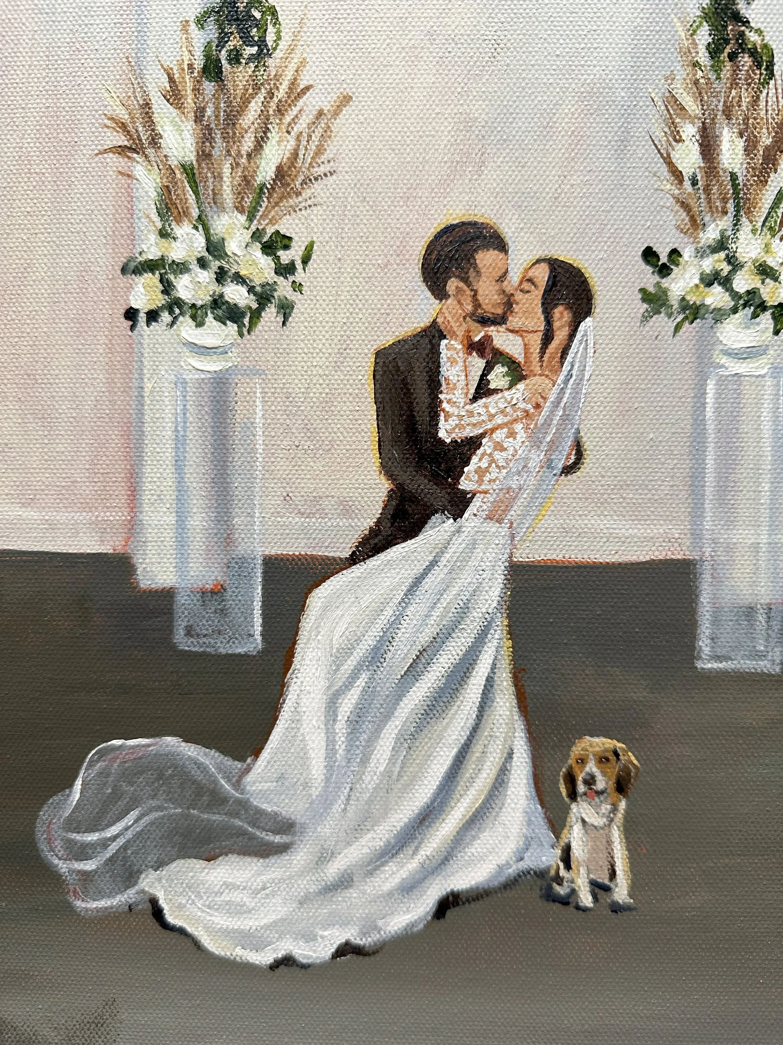 Painting of a bride and groom kissing at their wedding ceremony, standing between two large flower arrangements on tall vases, with a dog sitting at their feet.