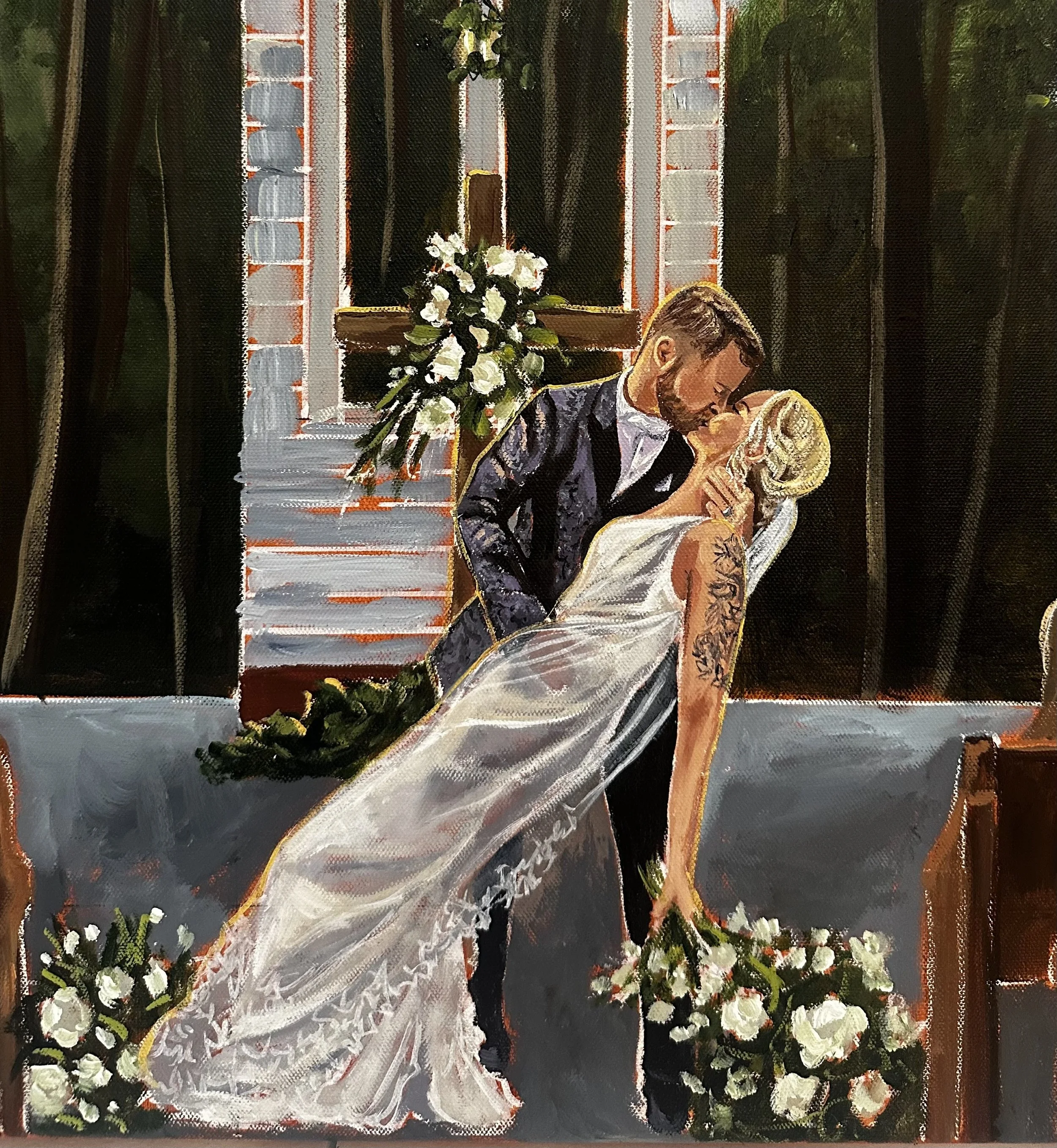 Painting of a couple kissing in a church during their wedding ceremony, with the groom in a suit and the bride in a white gown holding a bouquet of white flowers.