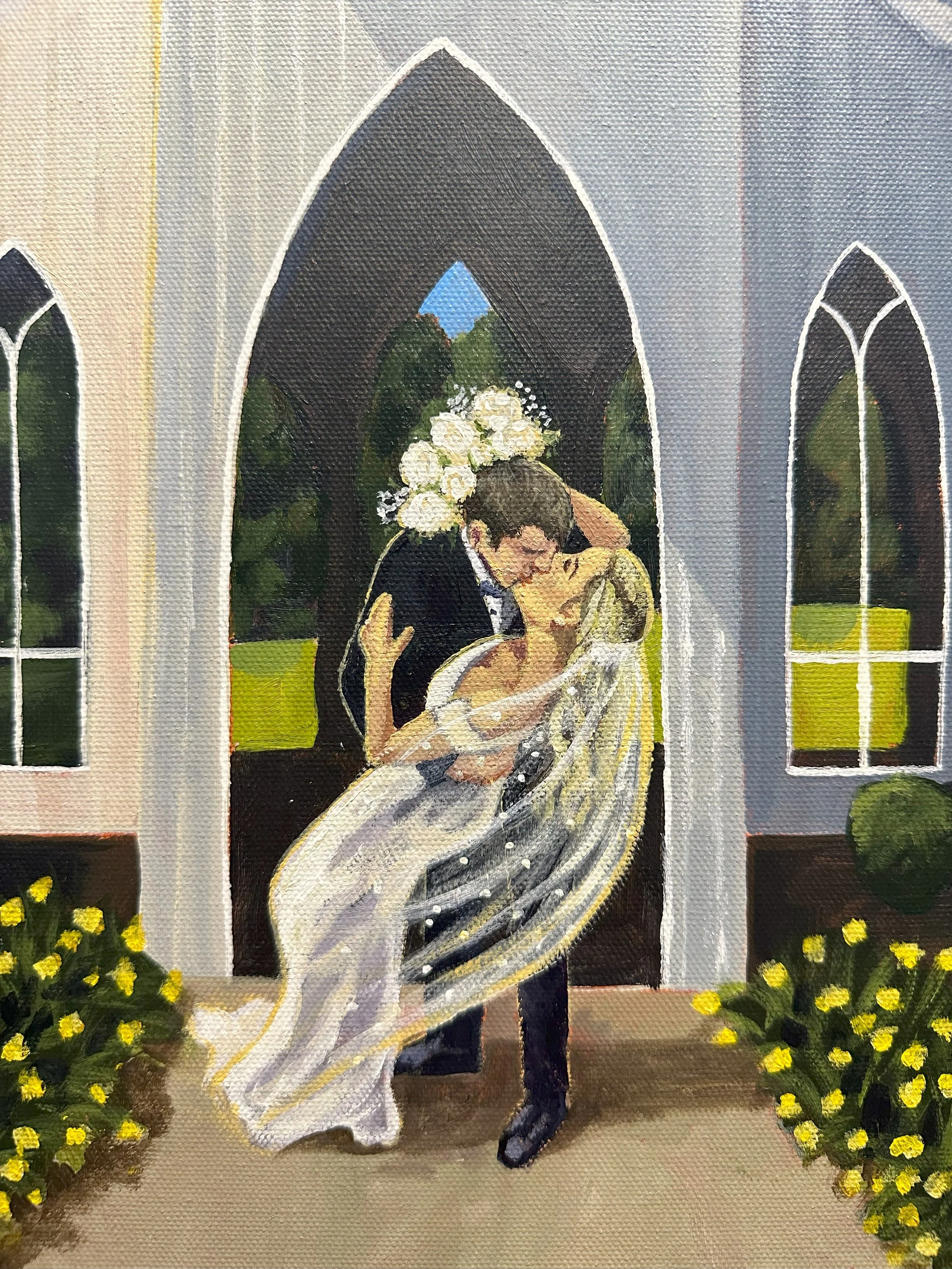 A painting of a newlywed couple sharing a kiss in front of a church with stained glass windows, surrounded by flowers.