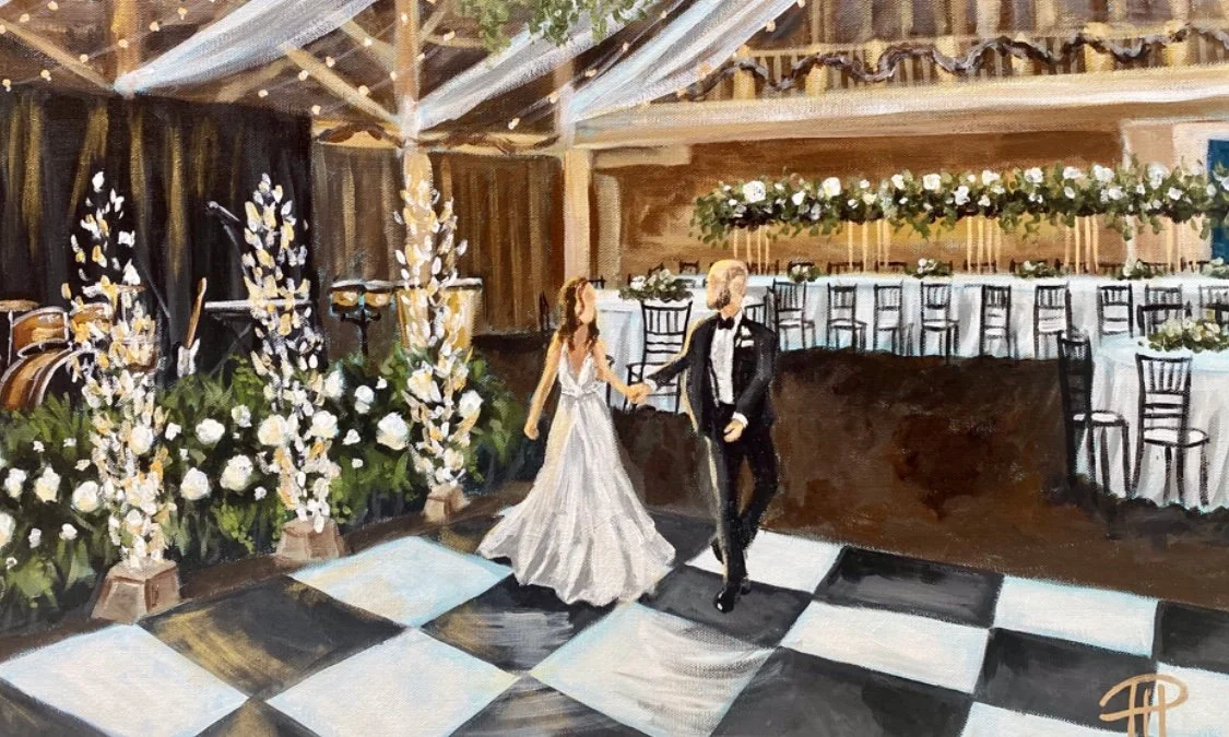 A bride and groom dancing at their wedding reception, with floral decorations and a checkered dance floor.