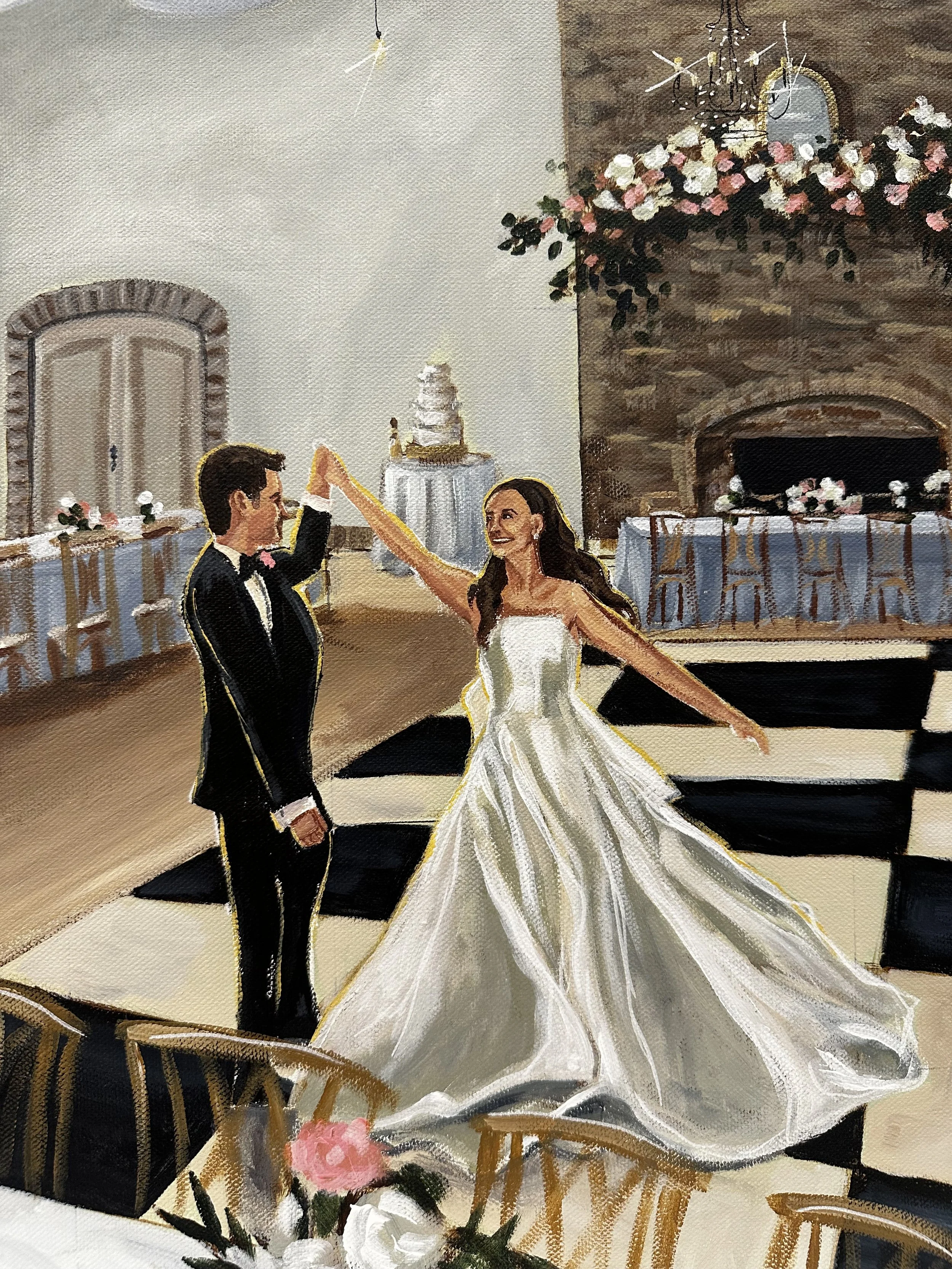 Painting of a bride and groom dancing at their wedding reception in an elegant hall with floral decorations, a wedding cake, and a checkered dance floor.