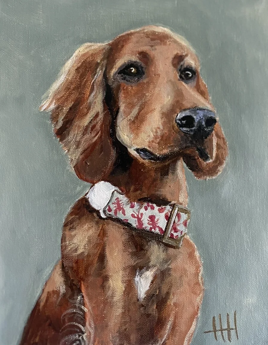 Painting of a brown dog with long ears wearing a holiday-themed collar against a gray background.