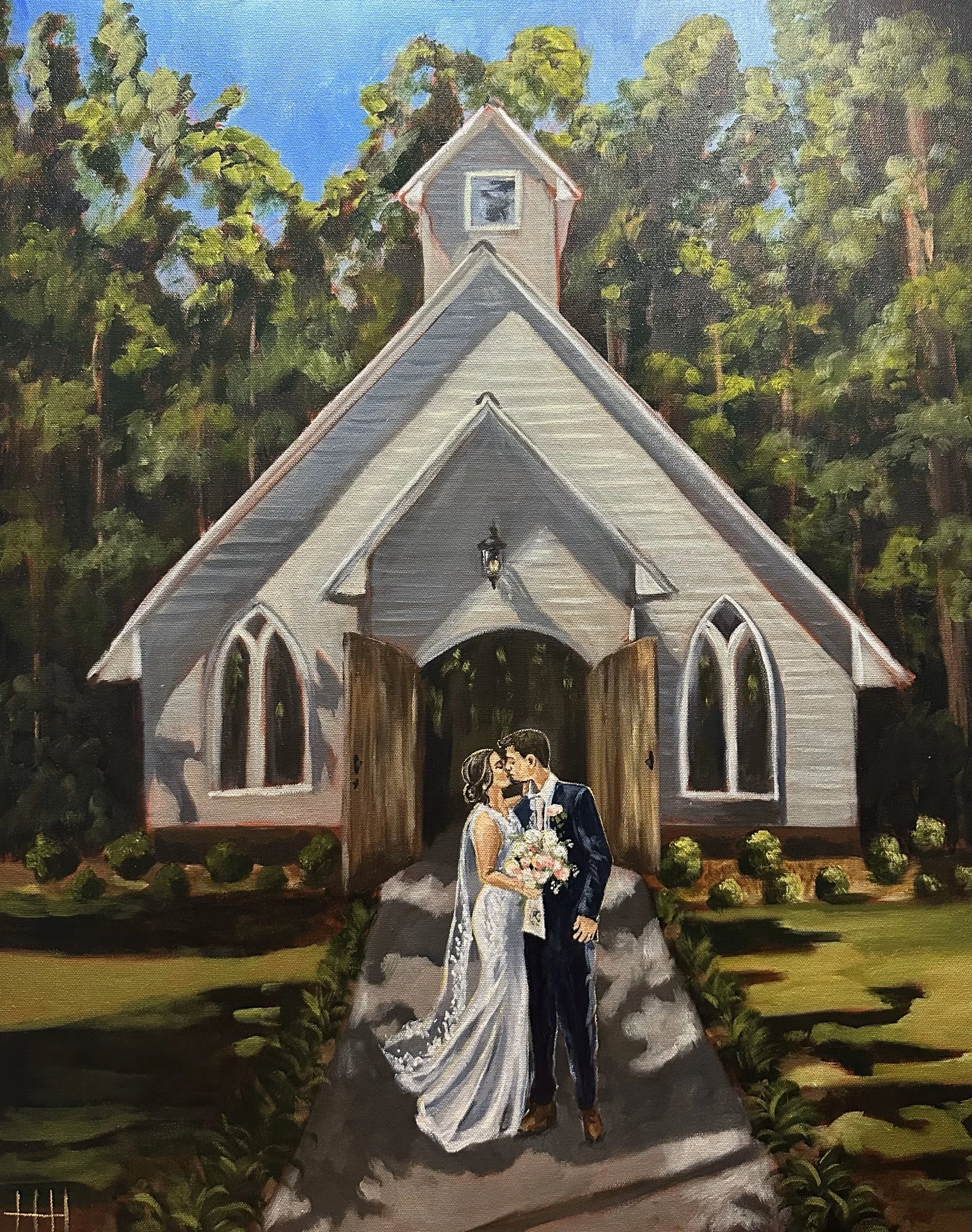 Painting of a bride and groom standing on a stone path in front of a white church with open wooden doors and Gothic-style windows, surrounded by trees on a sunny day.