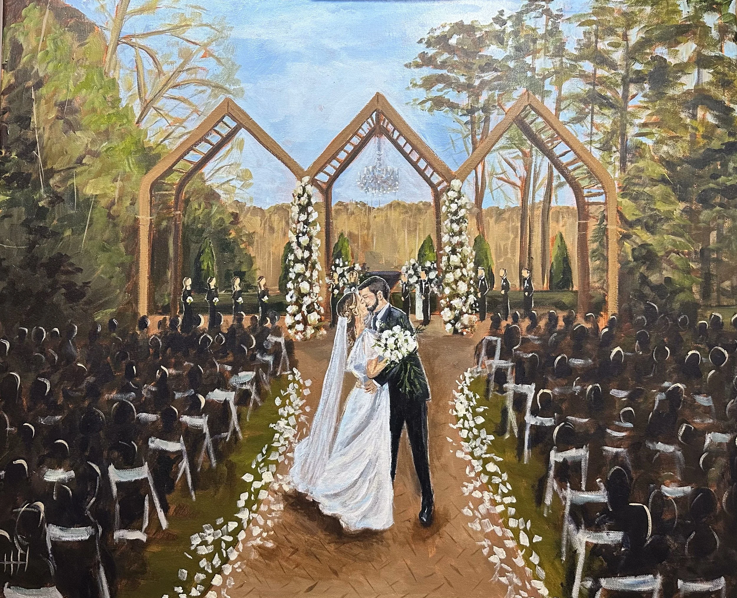 Painting of a wedding ceremony outdoors with a bride and groom kissing in front of an audience, floral arch, and a natural background with trees and a blue sky.