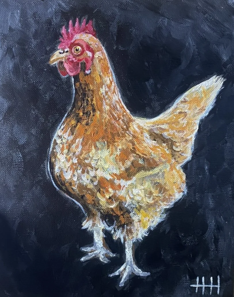 Painting of a brown hen with a red comb and wattles, standing against a dark background.