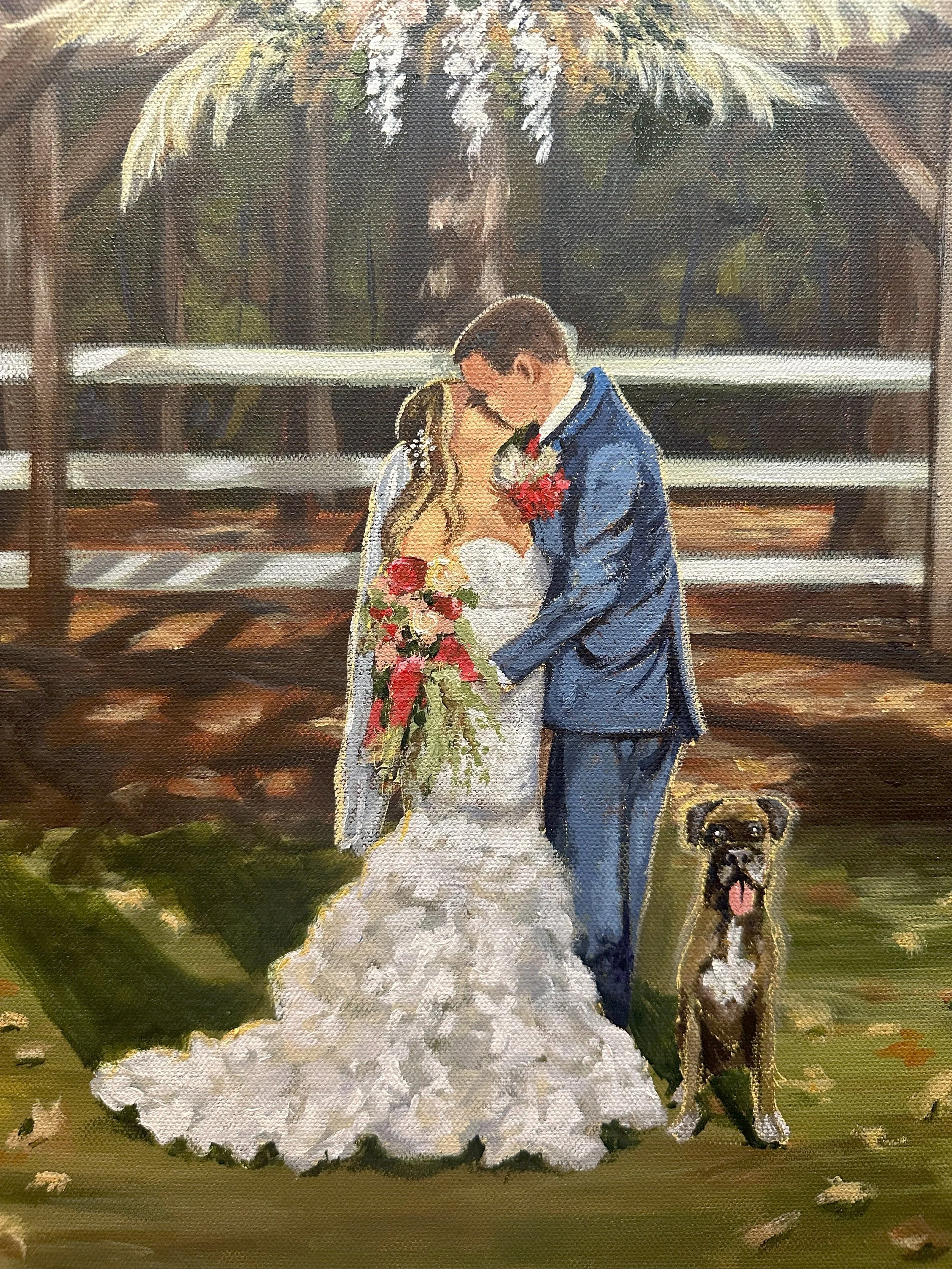Painting of a bride and groom sharing a kiss outdoors, with a dog sitting beside them, on a grassy area with fallen leaves and a white fence in the background.