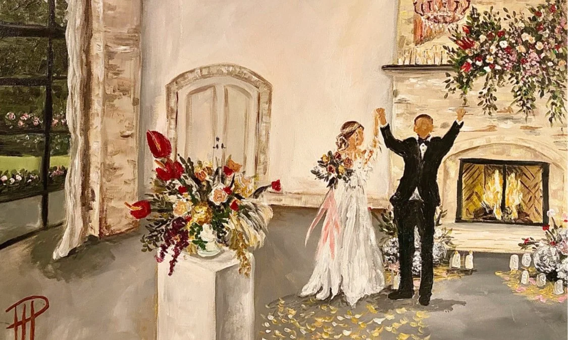Painting of a bride and groom celebrating their wedding ceremony indoors in front of a fireplace with a floral arrangement hanging above. The bride is wearing a white wedding dress and holding a bouquet, and the groom is in a black tuxedo with his ar