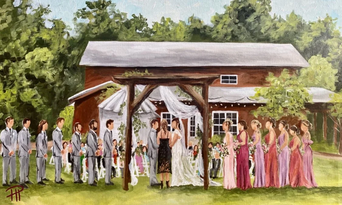 Painting of a wedding ceremony outdoors in front of a barn, with the bride and groom exchanging vows under a wooden arch. Bridesmaids in pink dresses and groomsmen in gray suits stand on either side, and guests are seated or standing around.