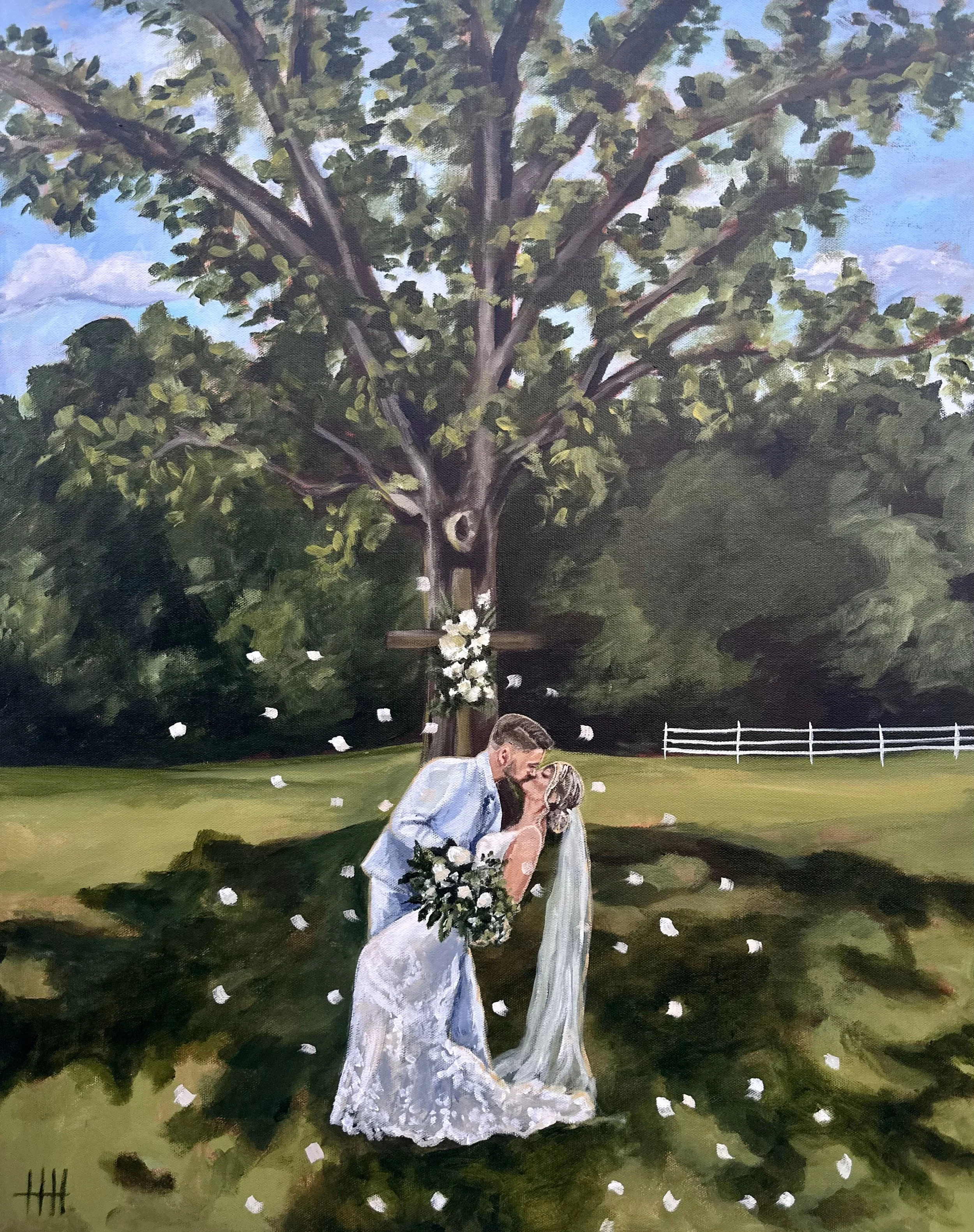 Painting of a bride and groom sharing a kiss outdoors beneath a large tree decorated with white flowers, with flower petals scattered on the ground and a white fence in the background.