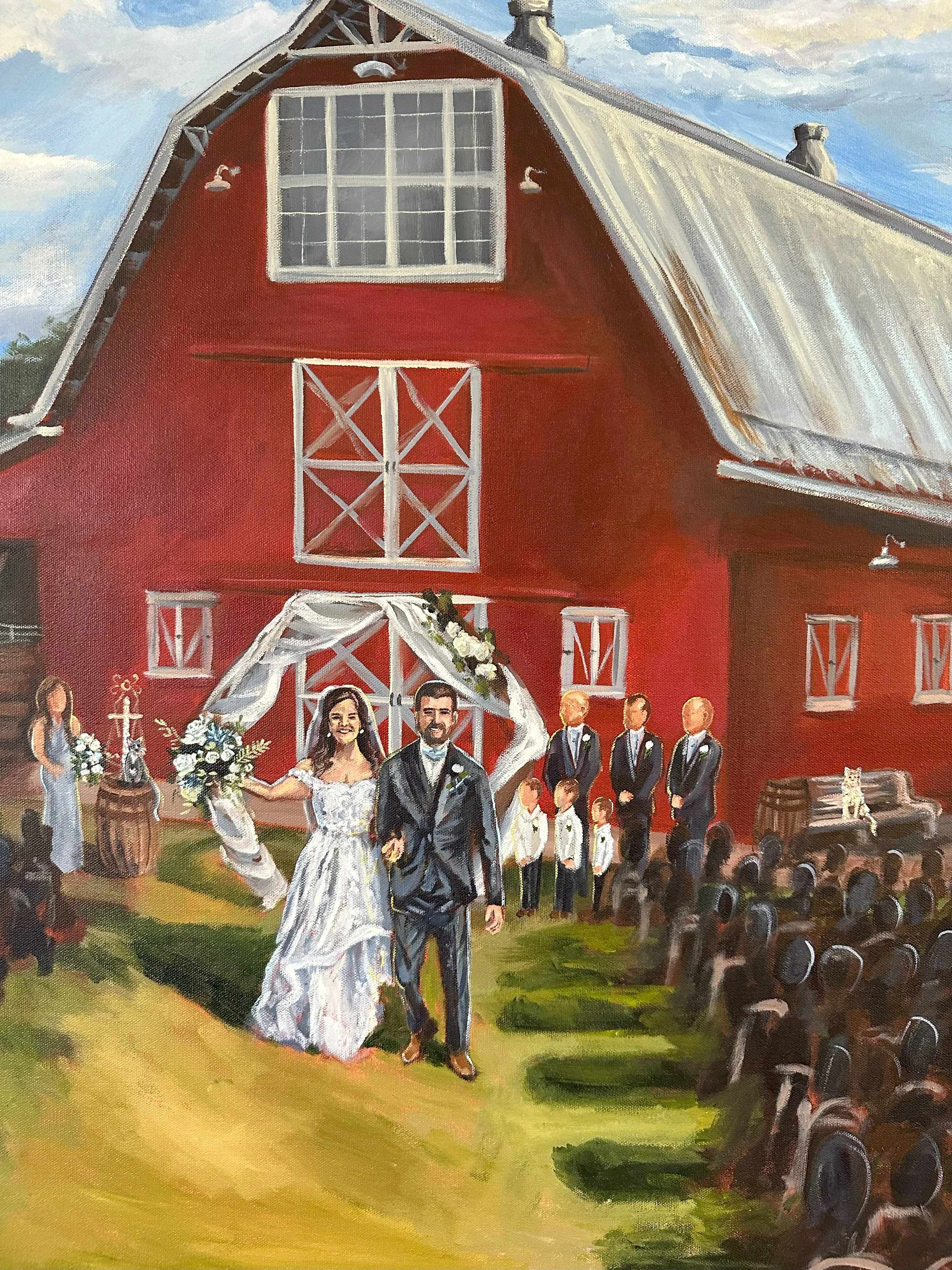 A wedding ceremony taking place outside a large red barn. The bride in a white gown and the groom in a dark suit walk down an aisle, surrounded by bridesmaids and groomsmen. Guests are seated facing the couple, and the scene is set under a partly clo