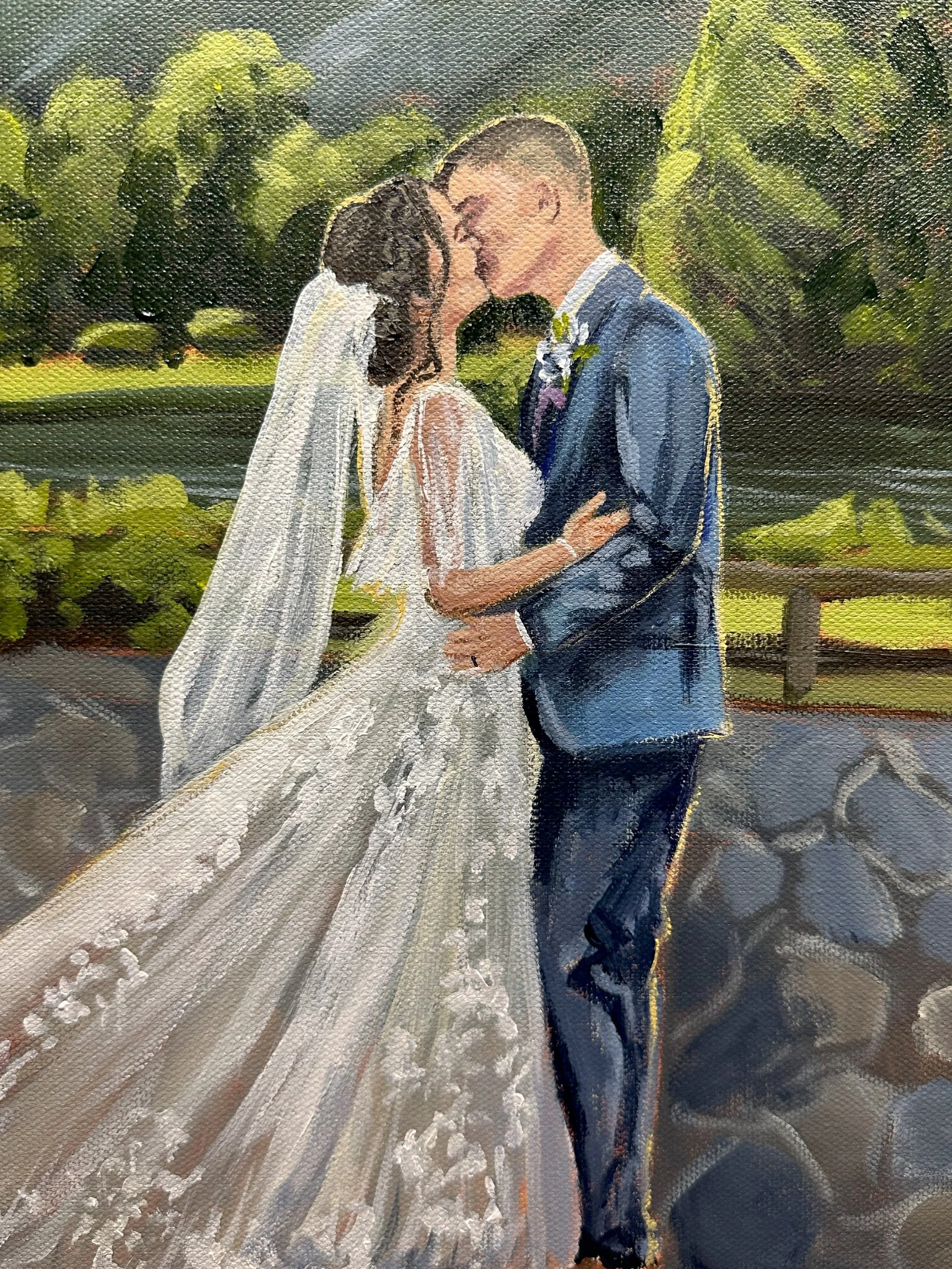 Painting of a bride and groom kissing outdoors, with the bride wearing a white gown with lace and a veil, and the groom in a blue suit, against a background of green trees and rocks.