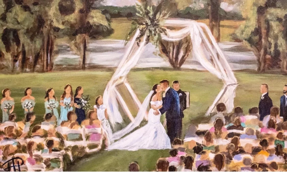 Painting of a wedding ceremony outdoors with a bride and groom under a white fabric-draped arch, surrounded by wedding parties and guests.