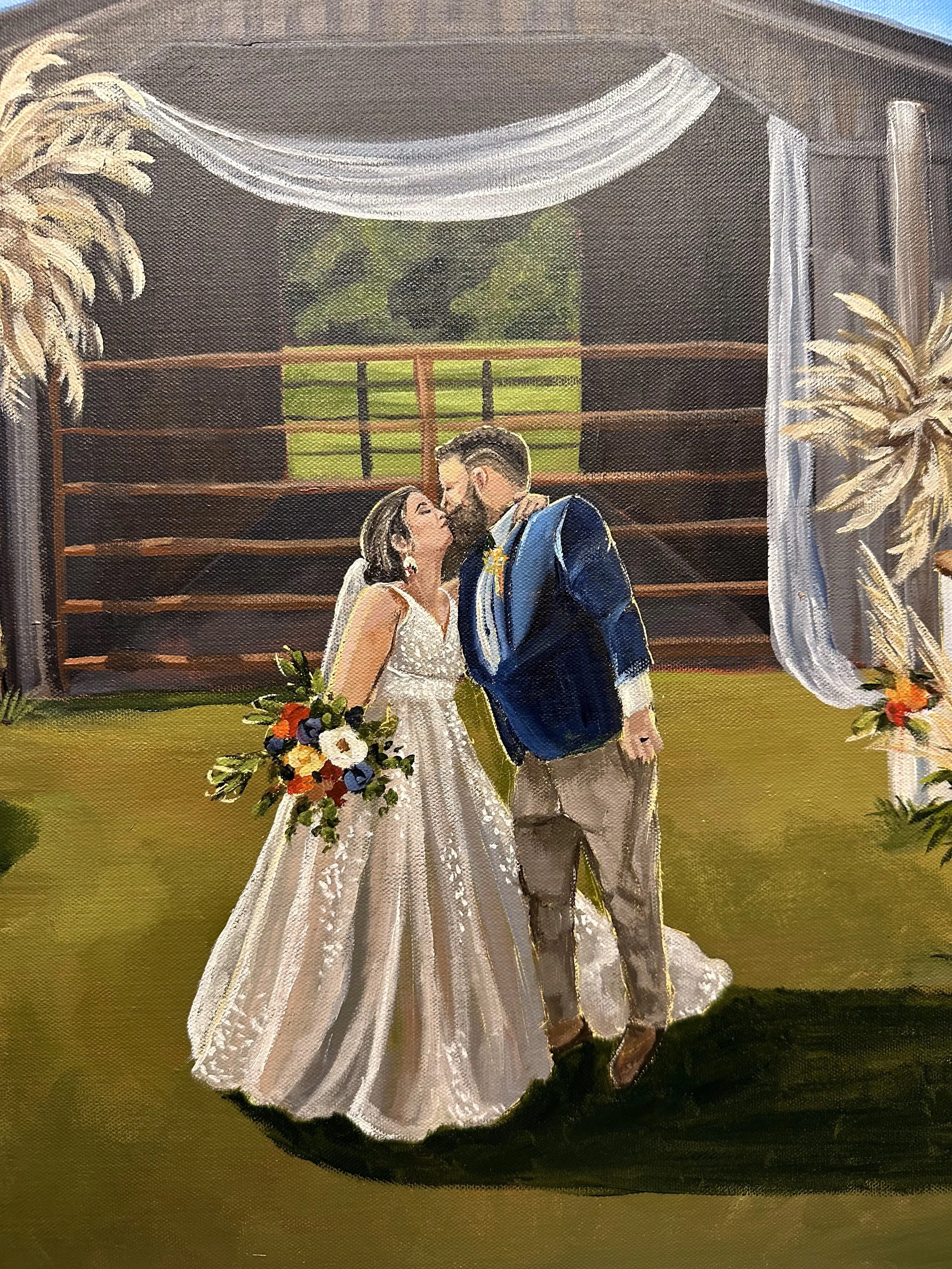 A painting of a bride and groom kissing at their wedding, with a rustic outdoor wedding venue in the background, decorated with draped white fabric and floral arrangements.