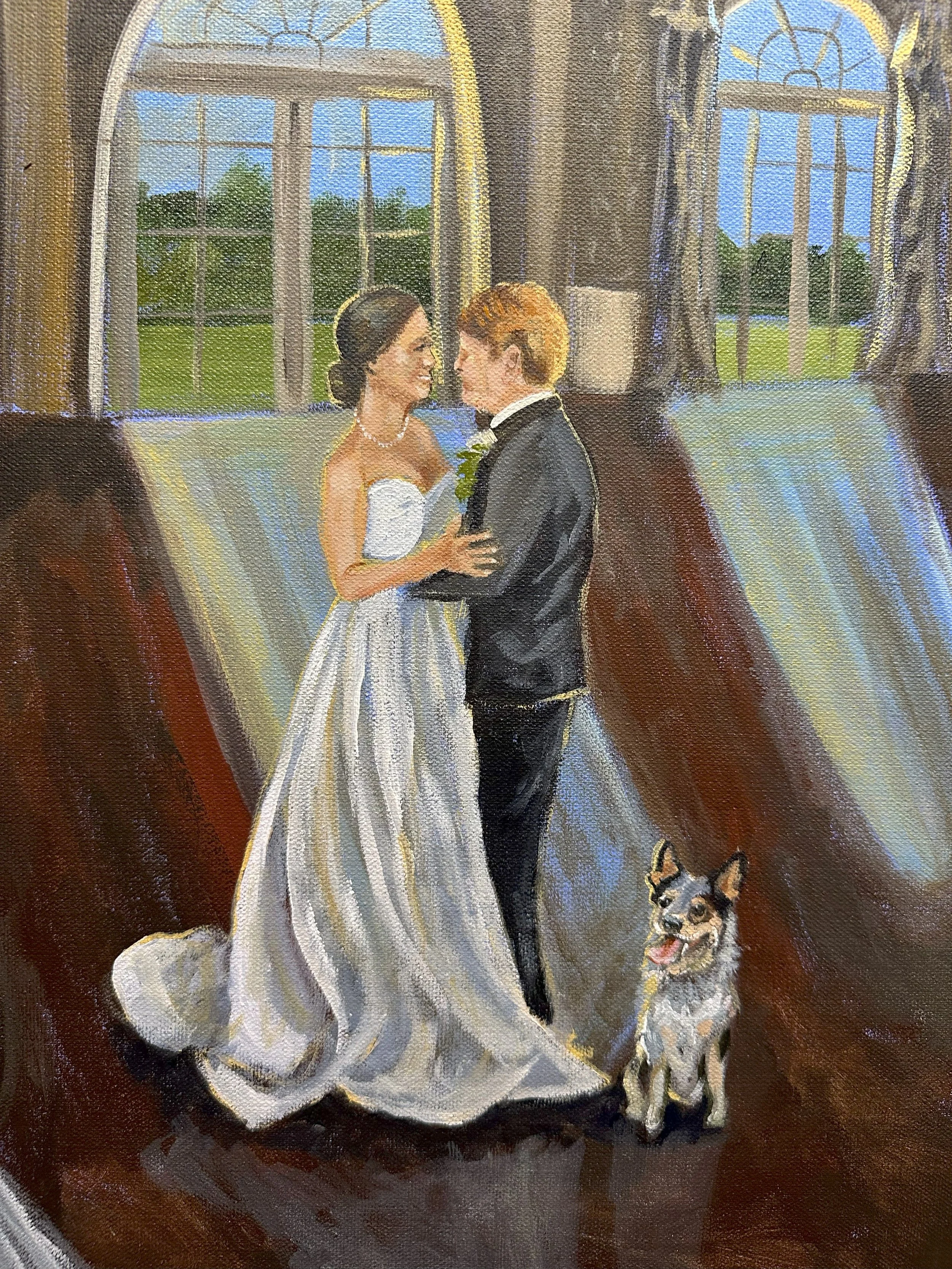A painting of a bride and groom dancing in a grand room with large windows, a lush green outdoor view, and a dog sitting beside them.