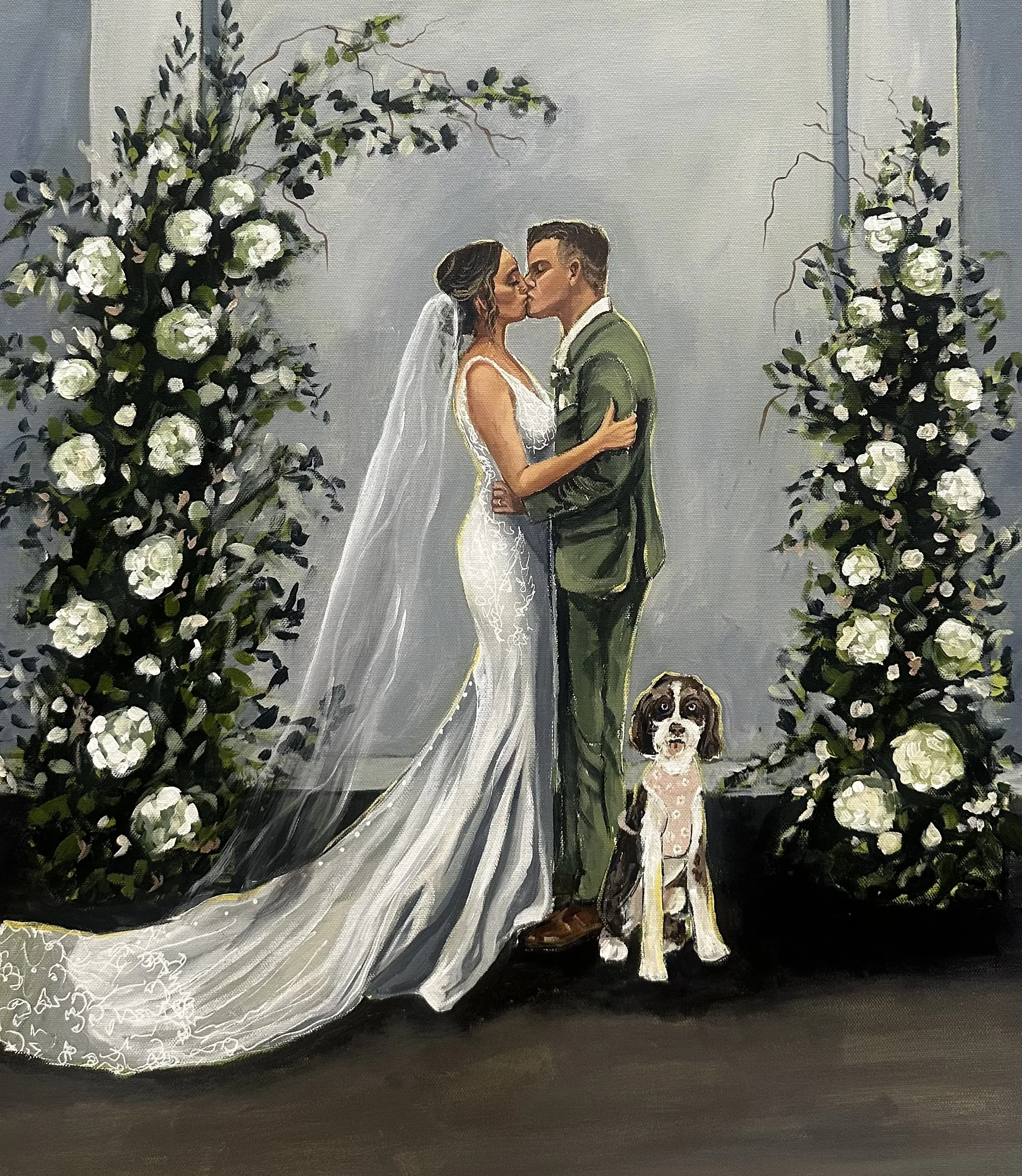 Painting of a bride and groom kissing on their wedding day, surrounded by white floral arrangements on either side, with a dog sitting on the floor in front of them.