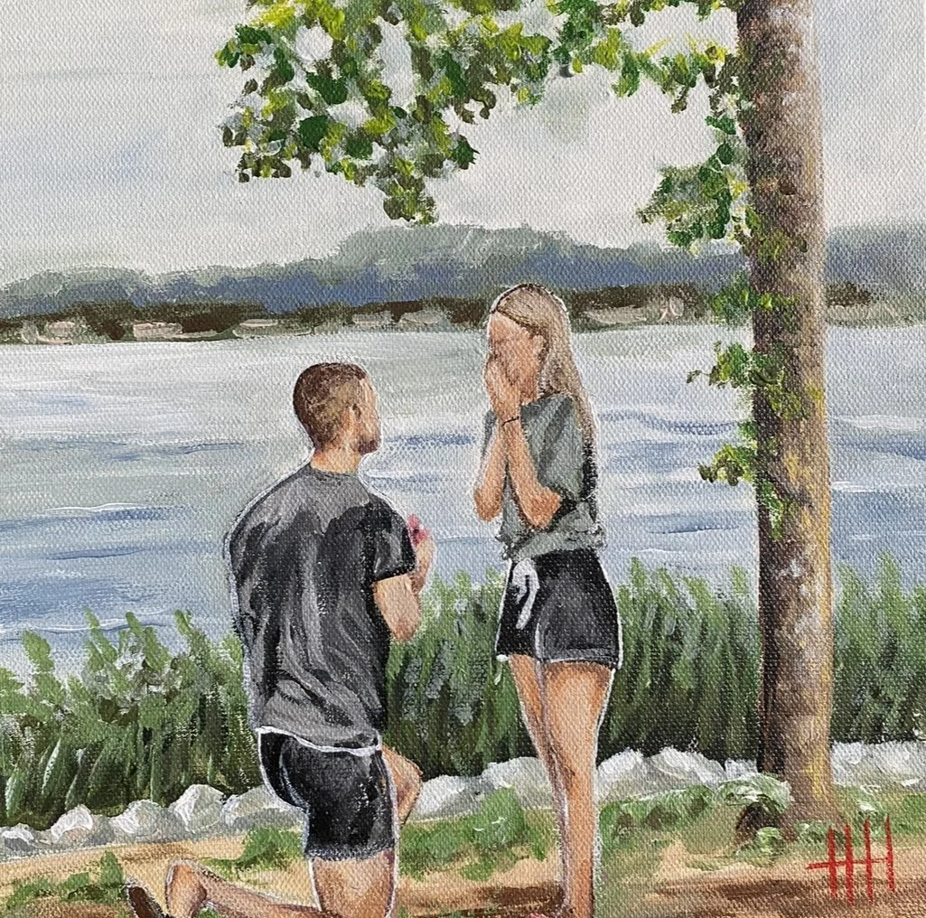 A digital painting depicts a romantic moment with a man on one knee proposing to a woman by a lakeside. The woman appears surprised and emotional, covering her mouth with her hands. There are trees and a lake in the background, suggesting an outdoor setting.