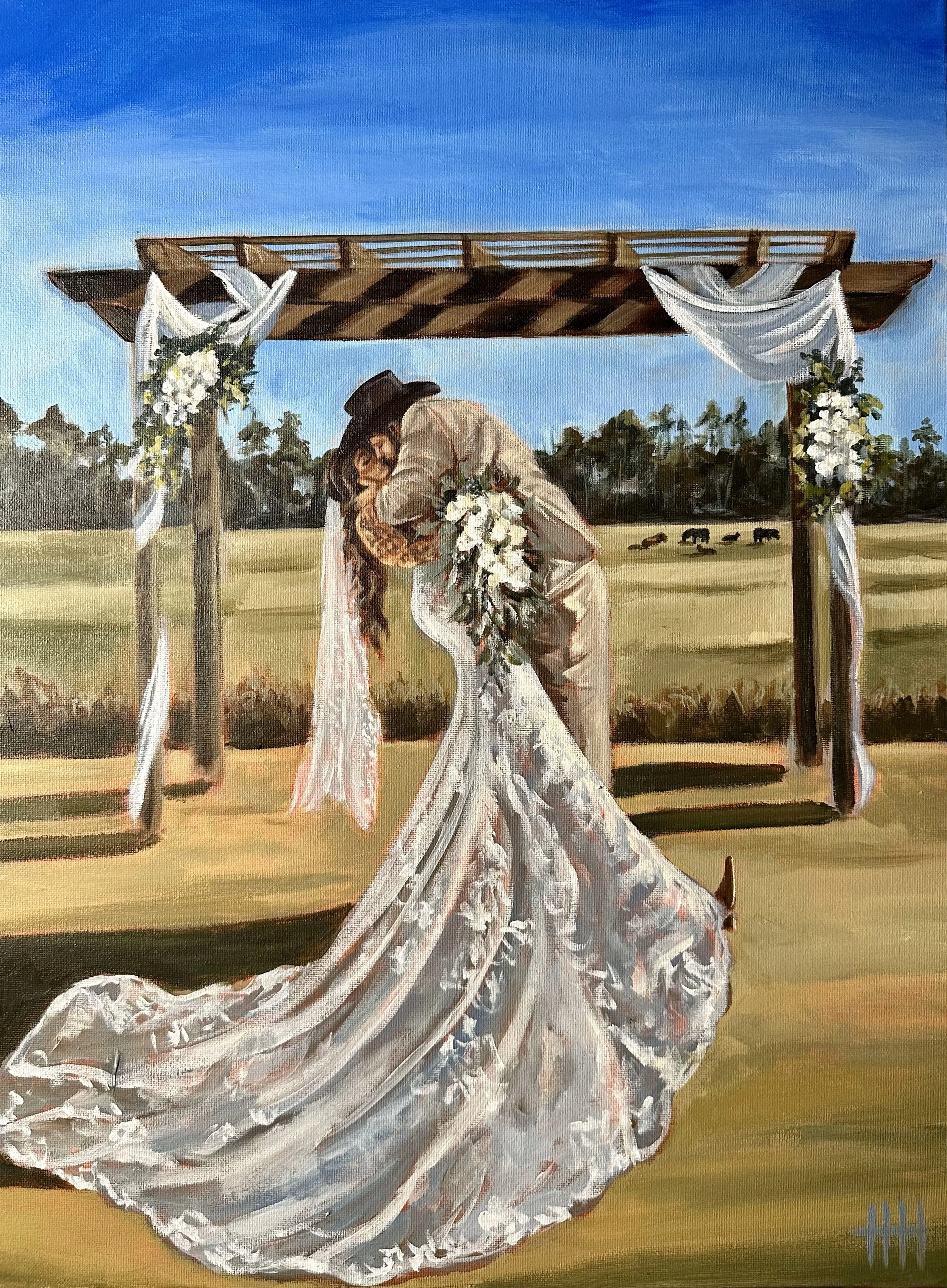 A painting of a couple kissing under a decorated wooden wedding arch outdoors, with fields and cows in the background.