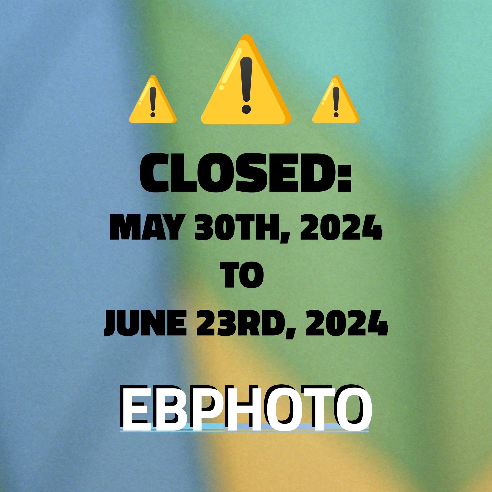 CLOSED: May 30th, 2024 to June 23rd, 2024

Heads up! We'll be closed for a bit for a photo adventure out of town. There's still time to take care of your printing and scanning needs before we leave... let us know how we can help!

ebphotollc.com