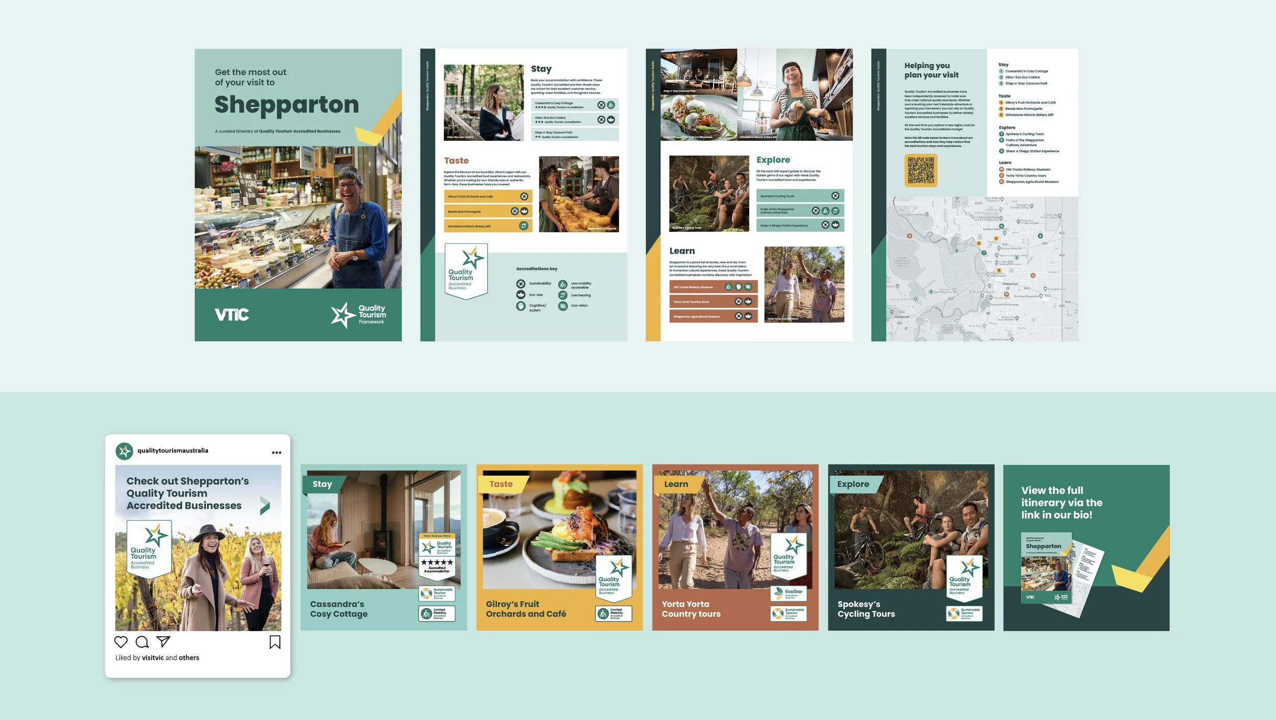Example design templates for a business to promote their QTF accreditation, image shows a 4 page brochure design for an example business at the top, and the bottom shows a design template for a carousel social media post.