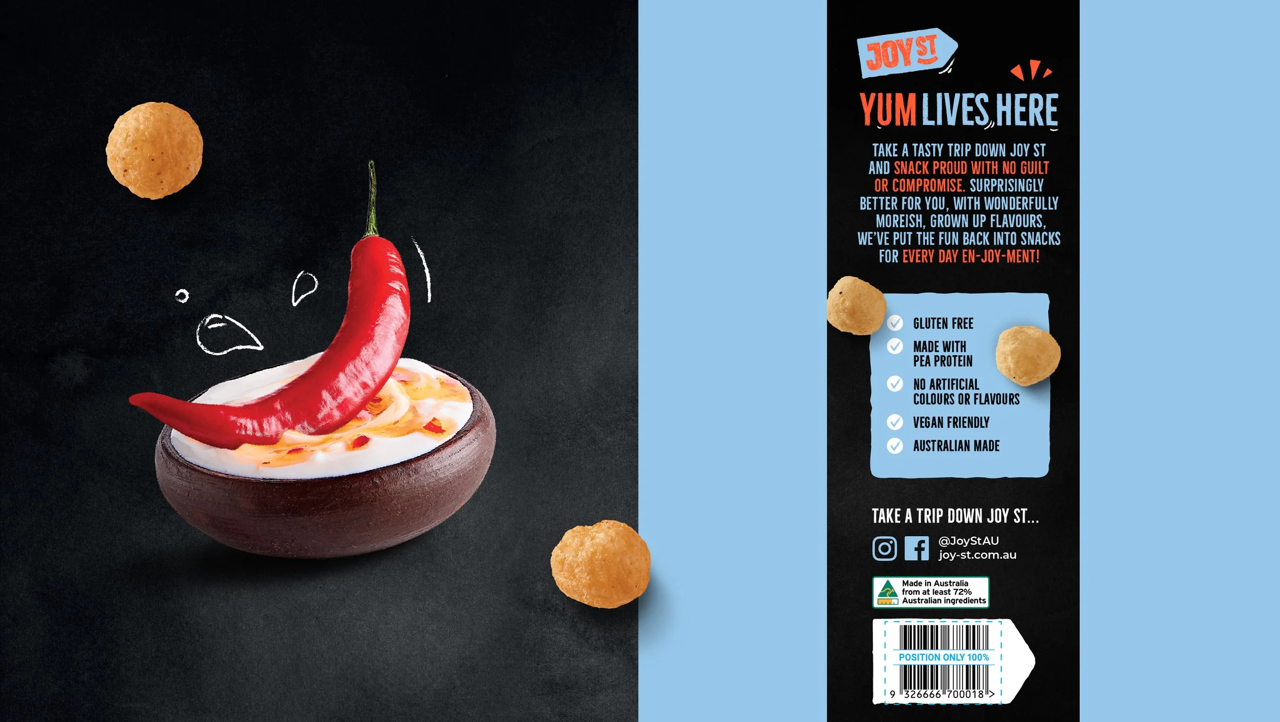 Chilli is dunked into pot of sour cream with chalk illustration of movement next to product details packaging design